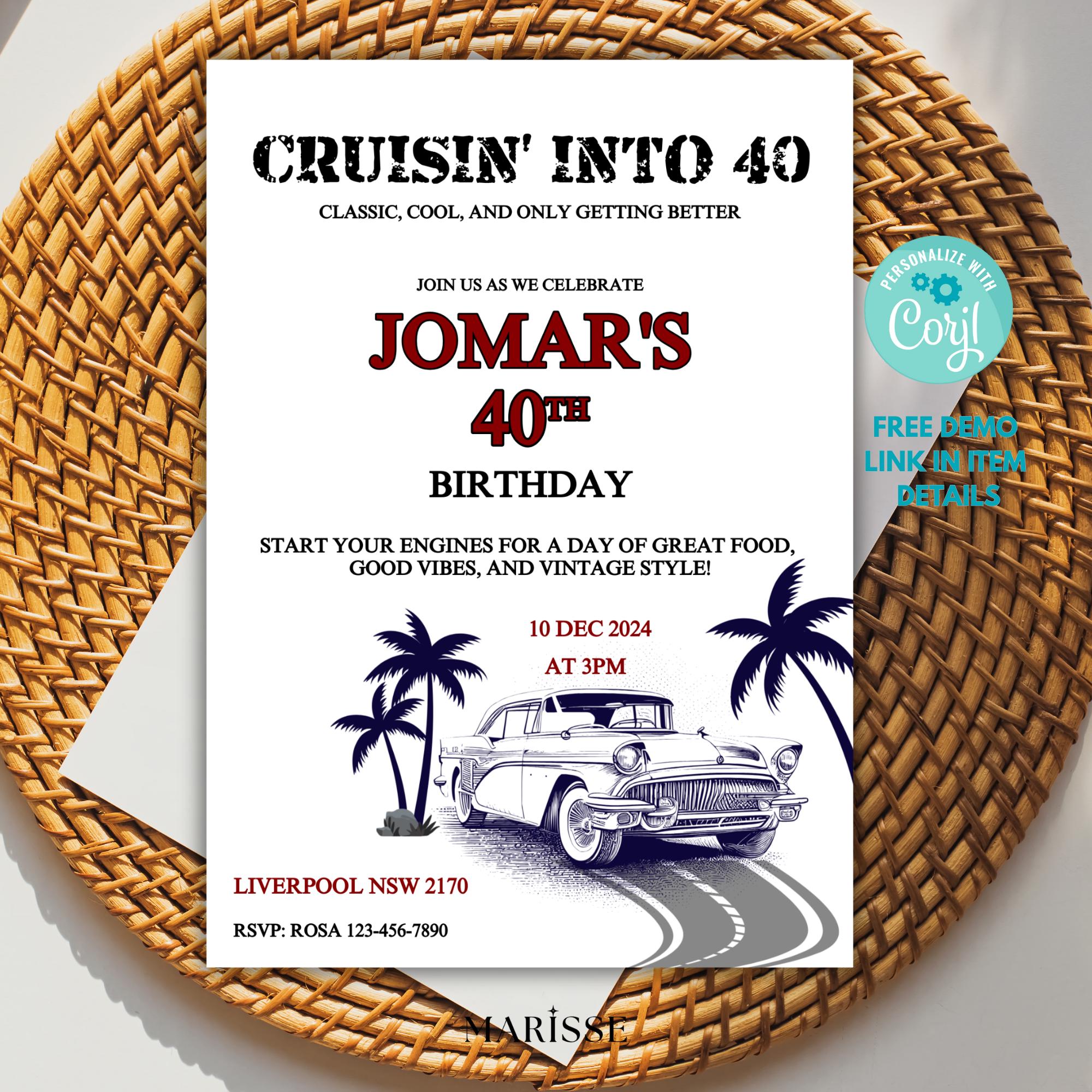 40th Birthday Invitation Template Classic Car Retro Editable Auto Theme and Instant Download Printable Vintage Party Invite