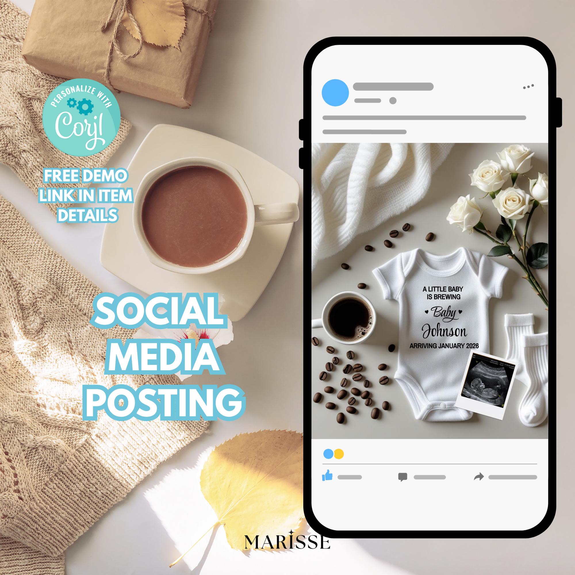 Boho Coffee Pregnancy Announcement Template | A Little Baby Is Brewing Baby Reveal | Editable Digital Download | Social Media Announcement