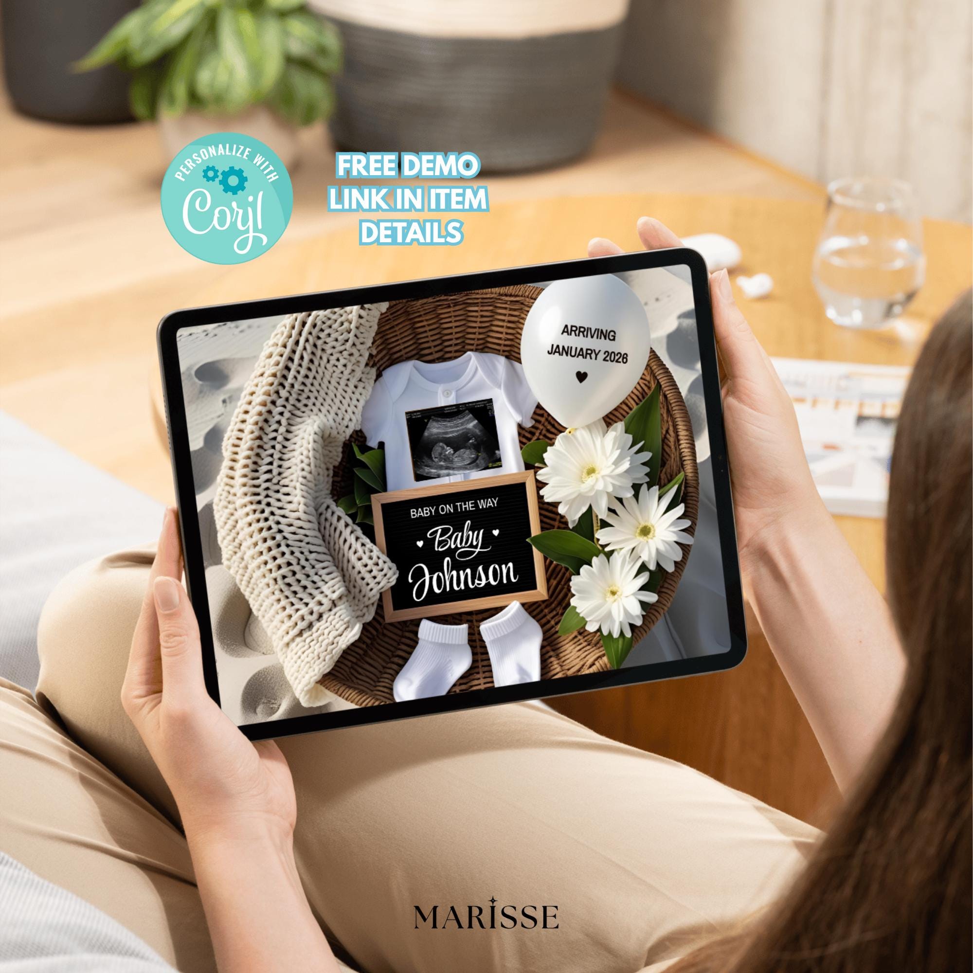 Pregnancy Announcement Template Digital Download Neutral Baby Reveal Social Media Post Editable Ultrasound and Baby Details Beach Theme