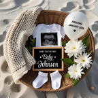 Pregnancy Announcement Template Digital Download Neutral Baby Reveal Social Media Post Editable Ultrasound and Baby Details Beach Theme