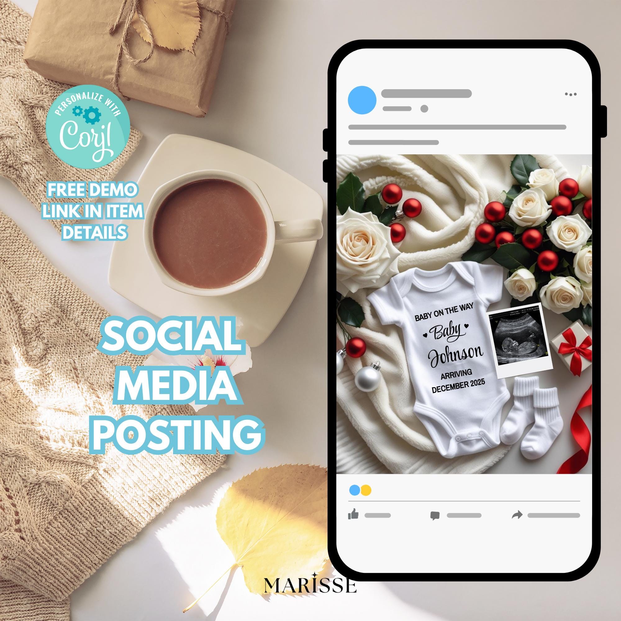Holiday Baby Announcement Template | Digital Christmas Pregnancy Reveal with White Roses & Onesie | Festive Baby News Editable