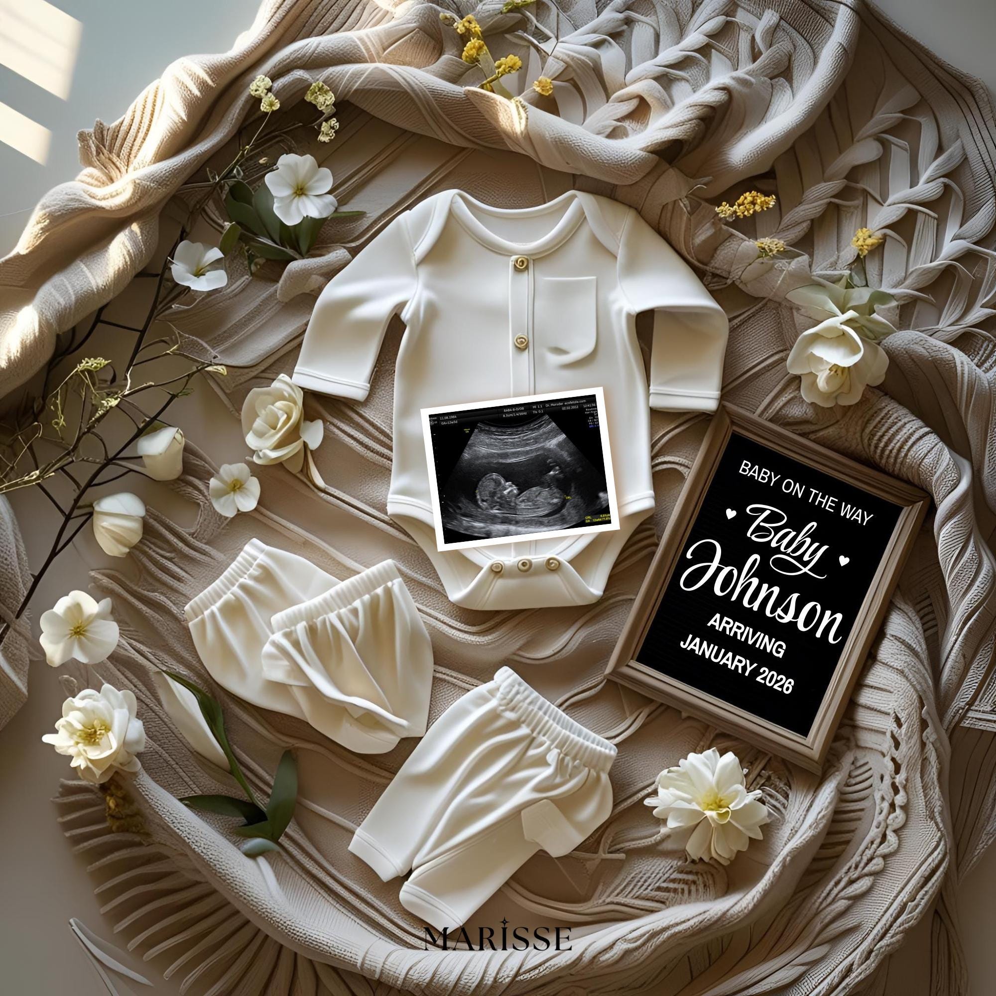 Baby Announcement Template with Ultrasound Photo | Neutral Pregnancy Reveal Sign | Editable Digital Download | Baby Coming Soon Card