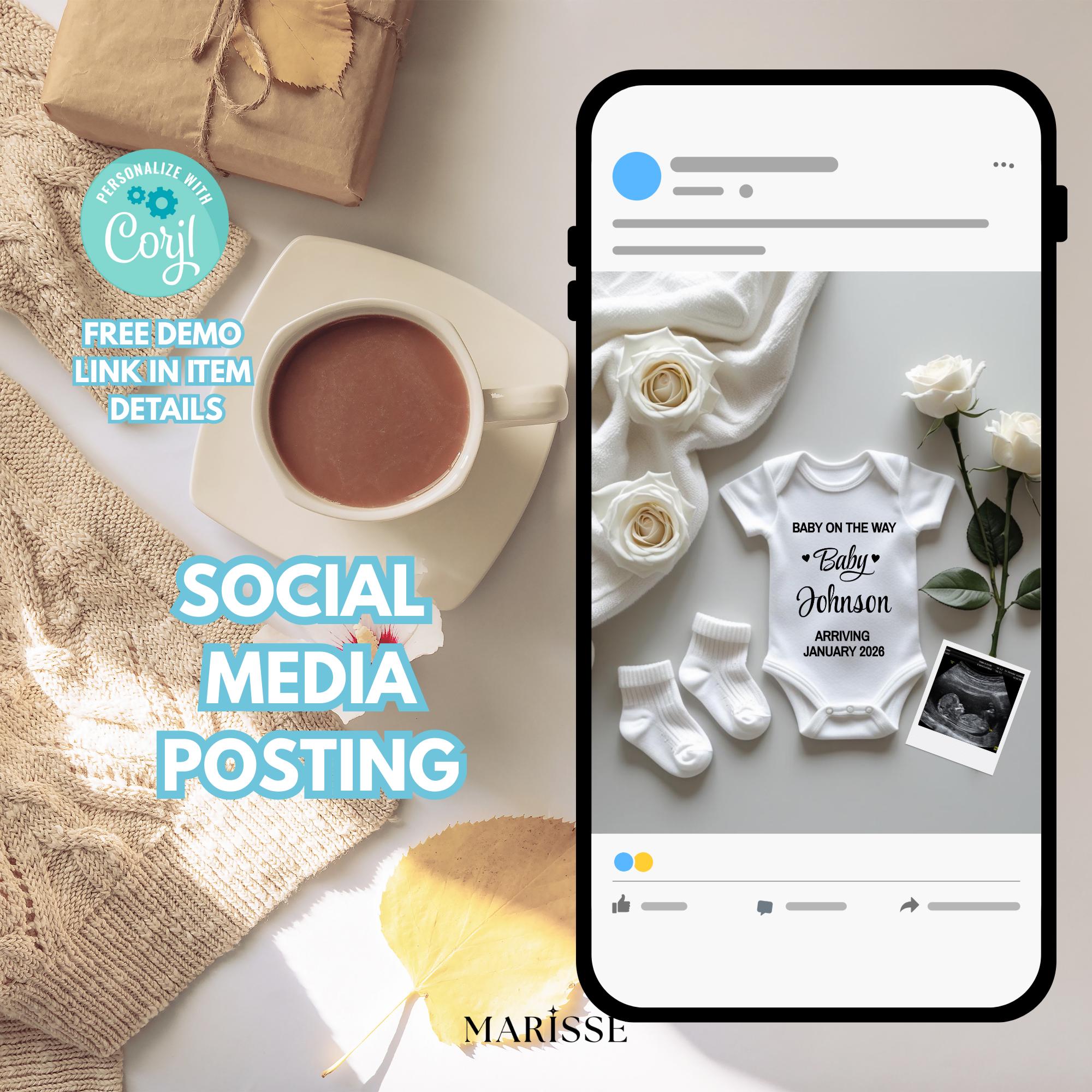 Modern Digital Pregnancy Announcement Template Social Media Baby Reveal Template Neutral Boho Baby Accouncement For Expecting Parents