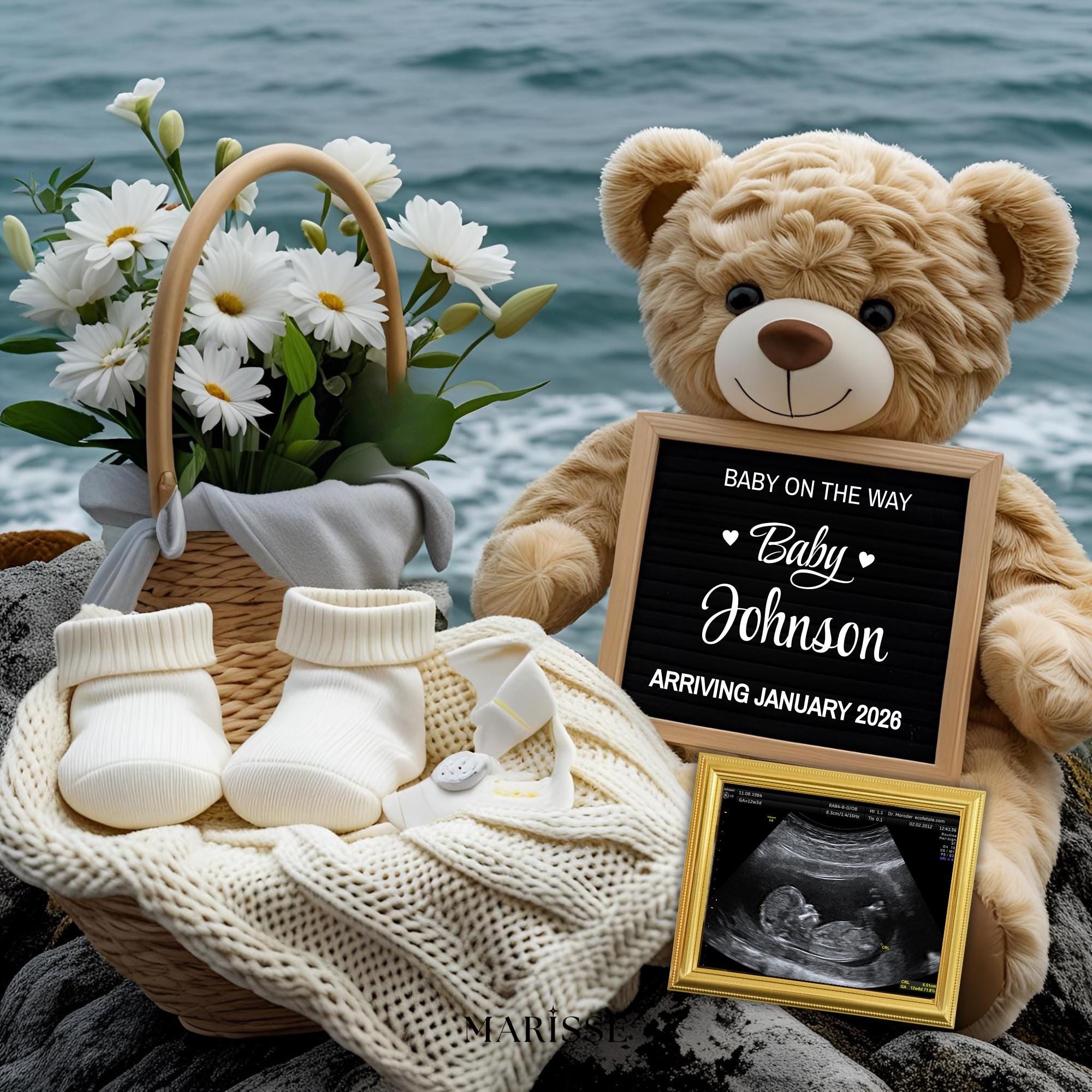 Beach Baby Announcement Template | Ultrasound Reveal with Ocean Background | Editable Digital Pregnancy Reveal | Floral Basket Baby Card