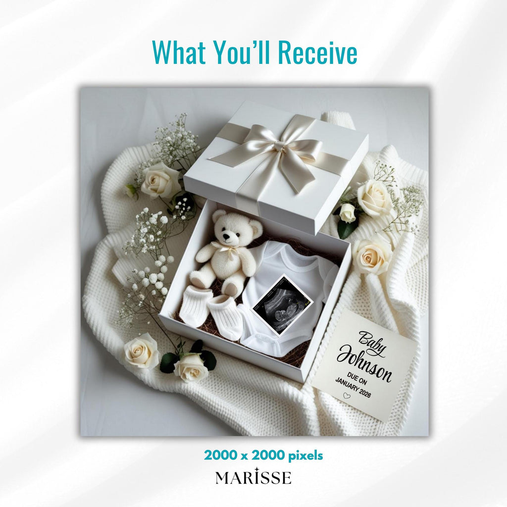 Pregnancy Announcement Gift Box Digital Download For Expecting Parents Baby Reveal Template With Ultrasound Photo And Editable Announcement