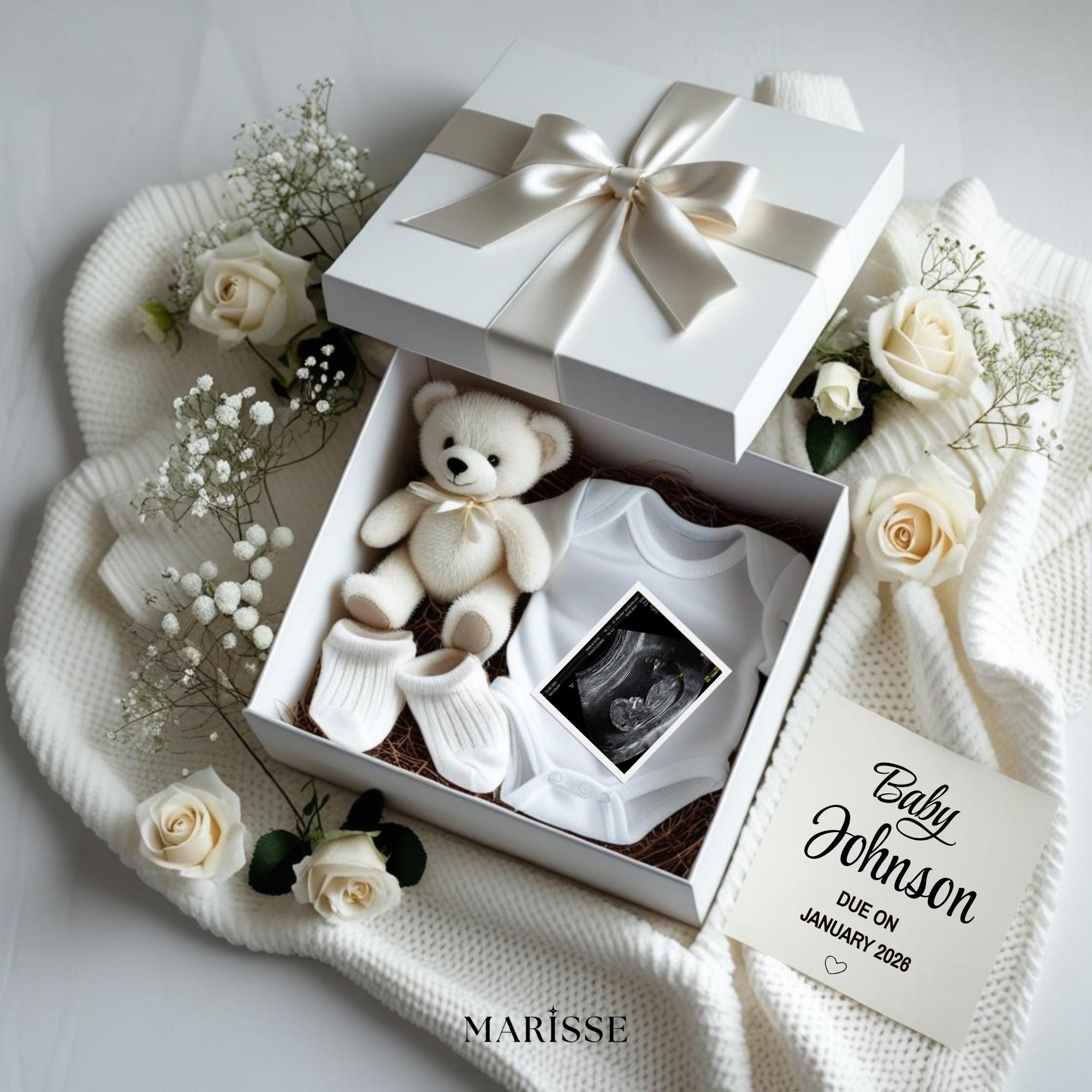 Pregnancy Announcement Gift Box Digital Download For Expecting Parents Baby Reveal Template With Ultrasound Photo And Editable Announcement