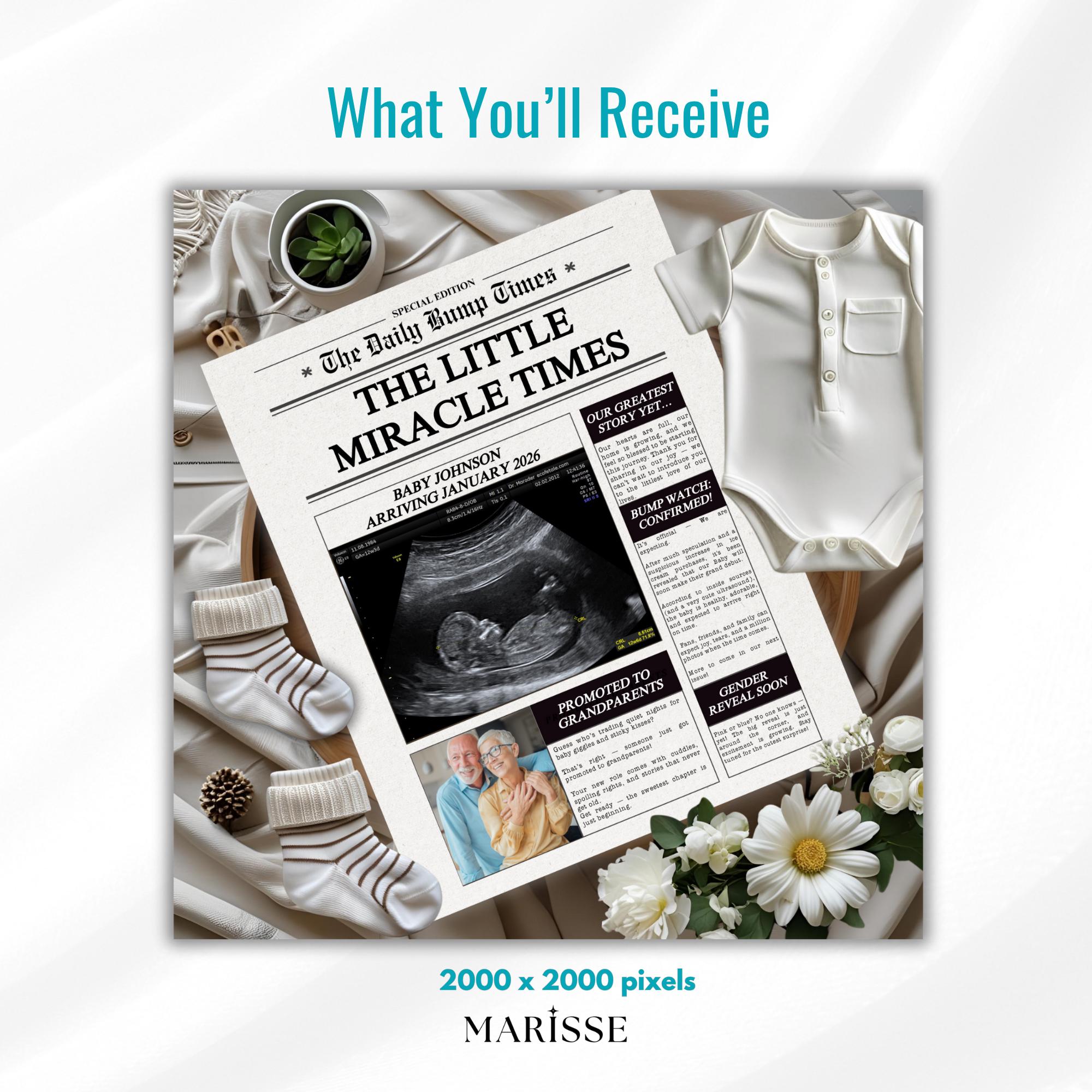 Promoted to Grandparents Newspaper Pregnancy Announcement Template | Digital Editable Baby Reveal | Miracle Baby Announcement