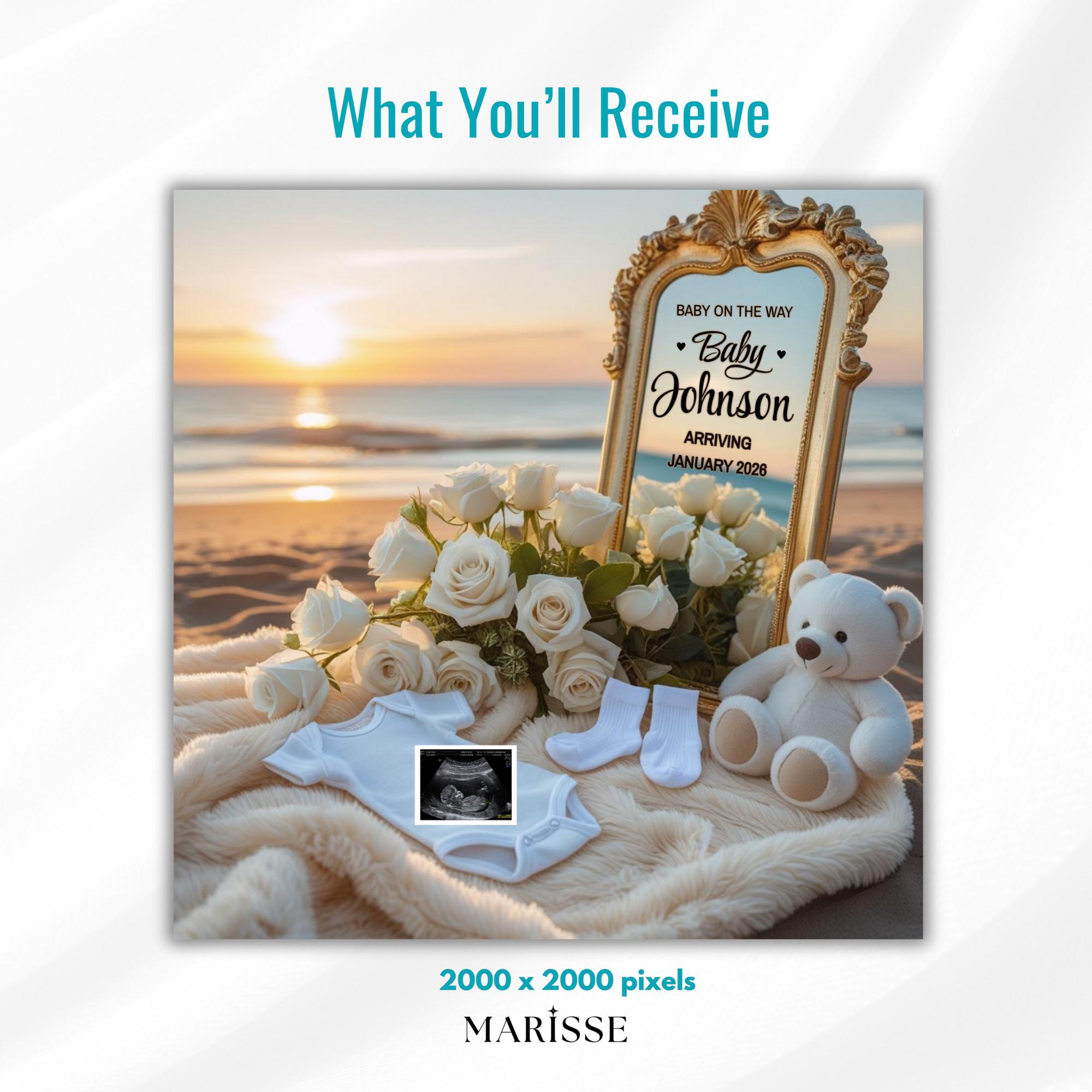 Sunset Beach Pregnancy Announcement Digital Template For Parents To Reveal Baby News Elegant Baby Onesie Teddy Bear And Ultrasound Photo