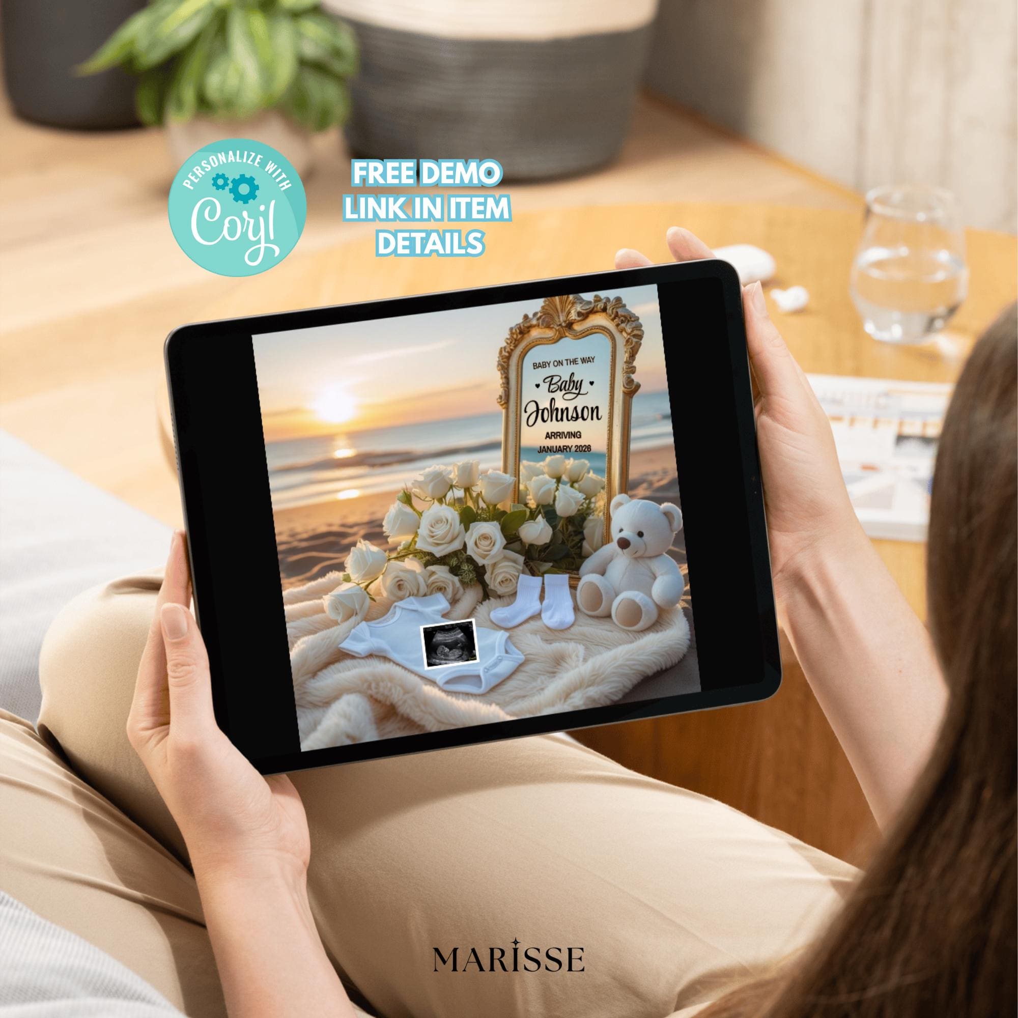 Sunset Beach Pregnancy Announcement Digital Template For Parents To Reveal Baby News Elegant Baby Onesie Teddy Bear And Ultrasound Photo