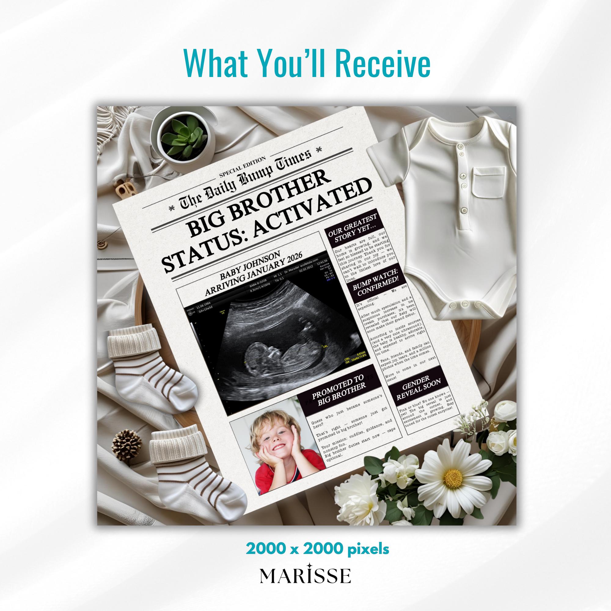 Promoted Brother Pregnancy Announcement Template | Digital Newspaper Baby Reveal | Sibling Baby Announcement | Promoted to Big Brother
