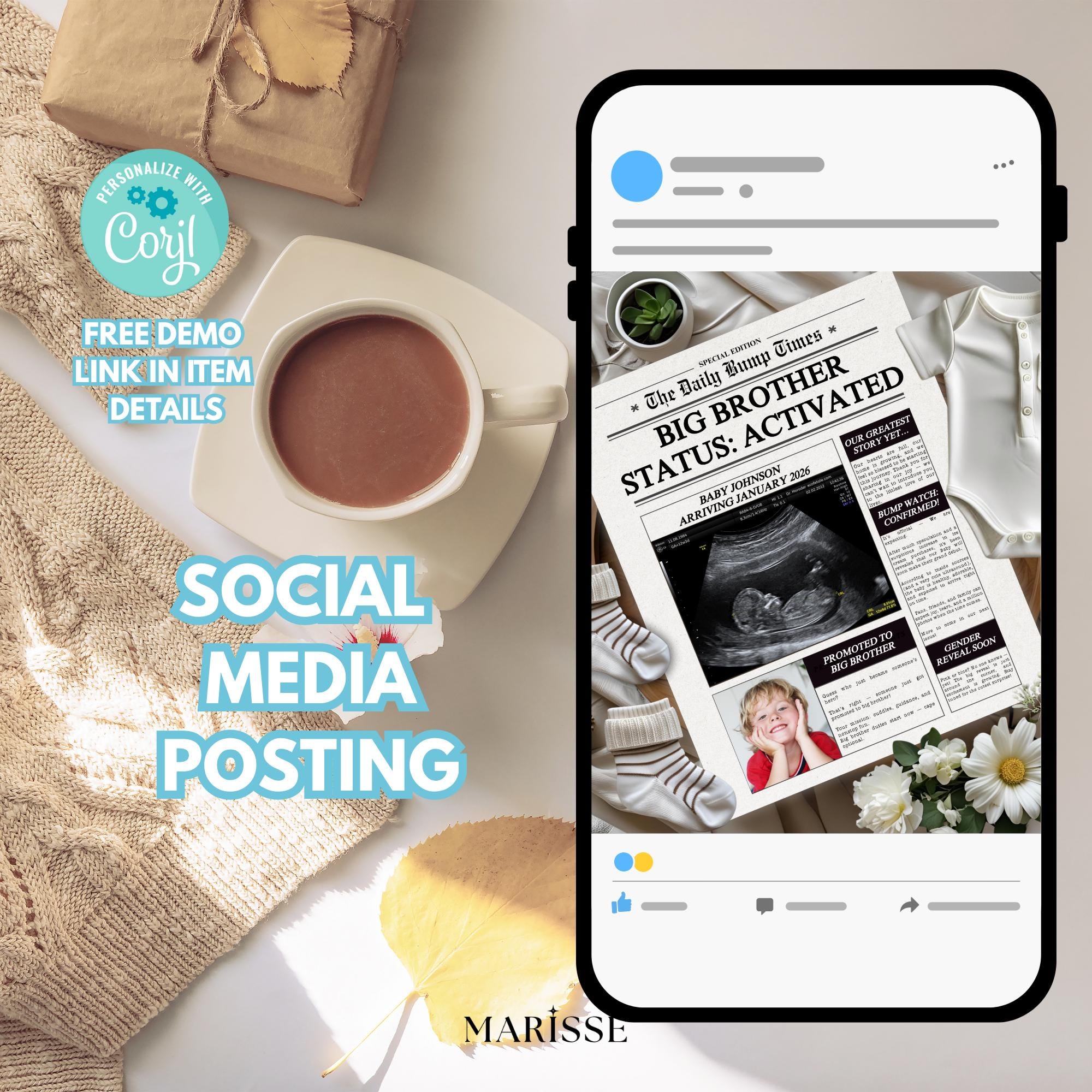 Promoted Brother Pregnancy Announcement Template | Digital Newspaper Baby Reveal | Sibling Baby Announcement | Promoted to Big Brother