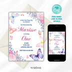 Butterfly 1st Birthday Invitation Girl | Editable Template | Flutter By Invite | Digital Download | Pink Floral Party Printable