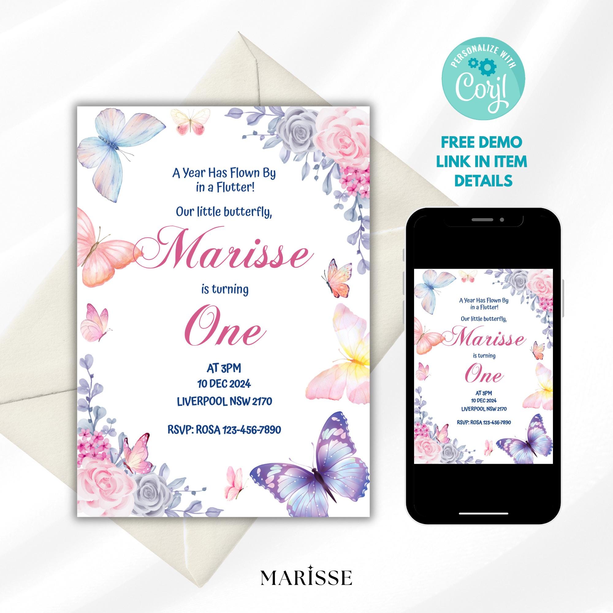 Butterfly 1st Birthday Invitation Girl | Editable Template | Flutter By Invite | Digital Download | Pink Floral Party Printable