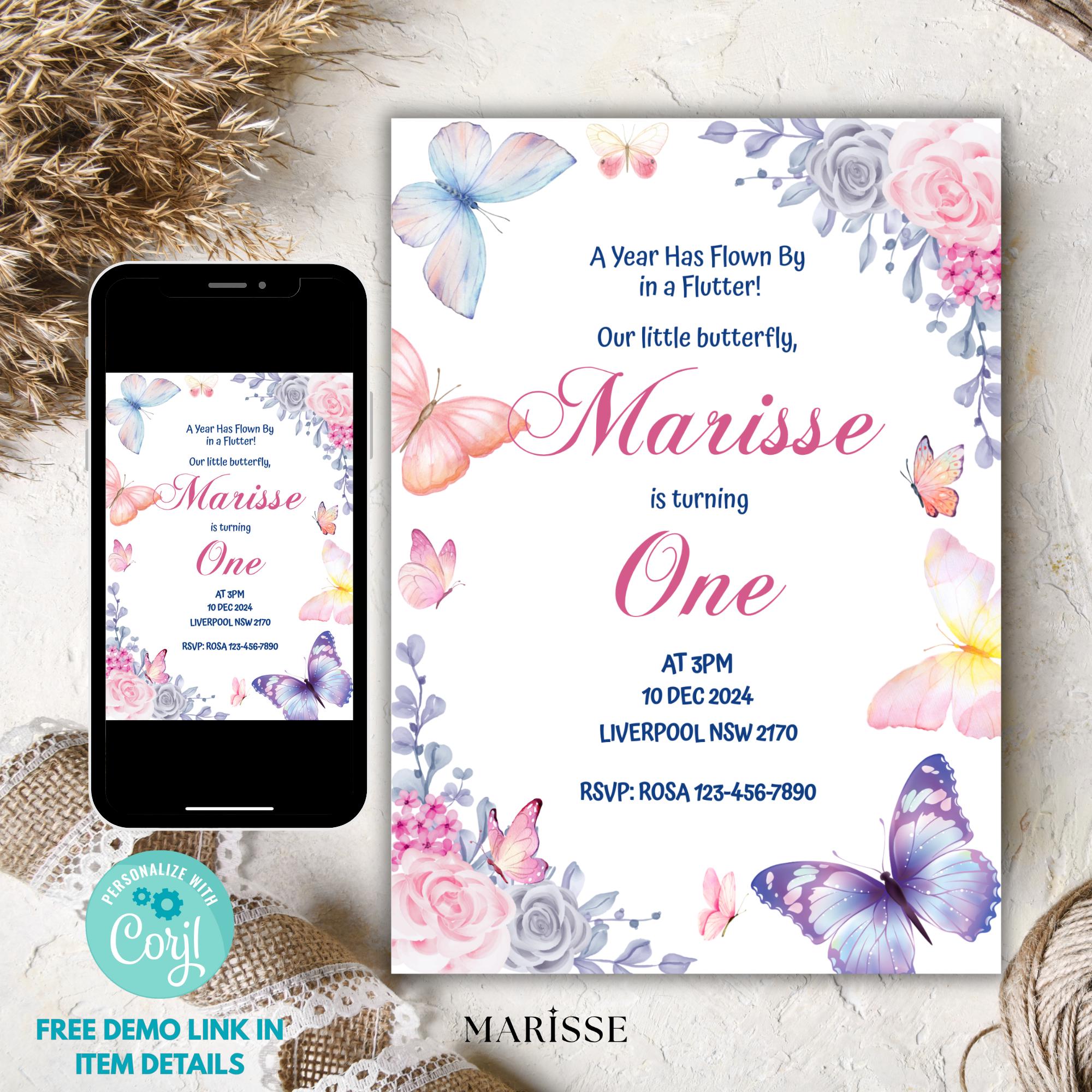 Butterfly 1st Birthday Invitation Girl | Editable Template | Flutter By Invite | Digital Download | Pink Floral Party Printable