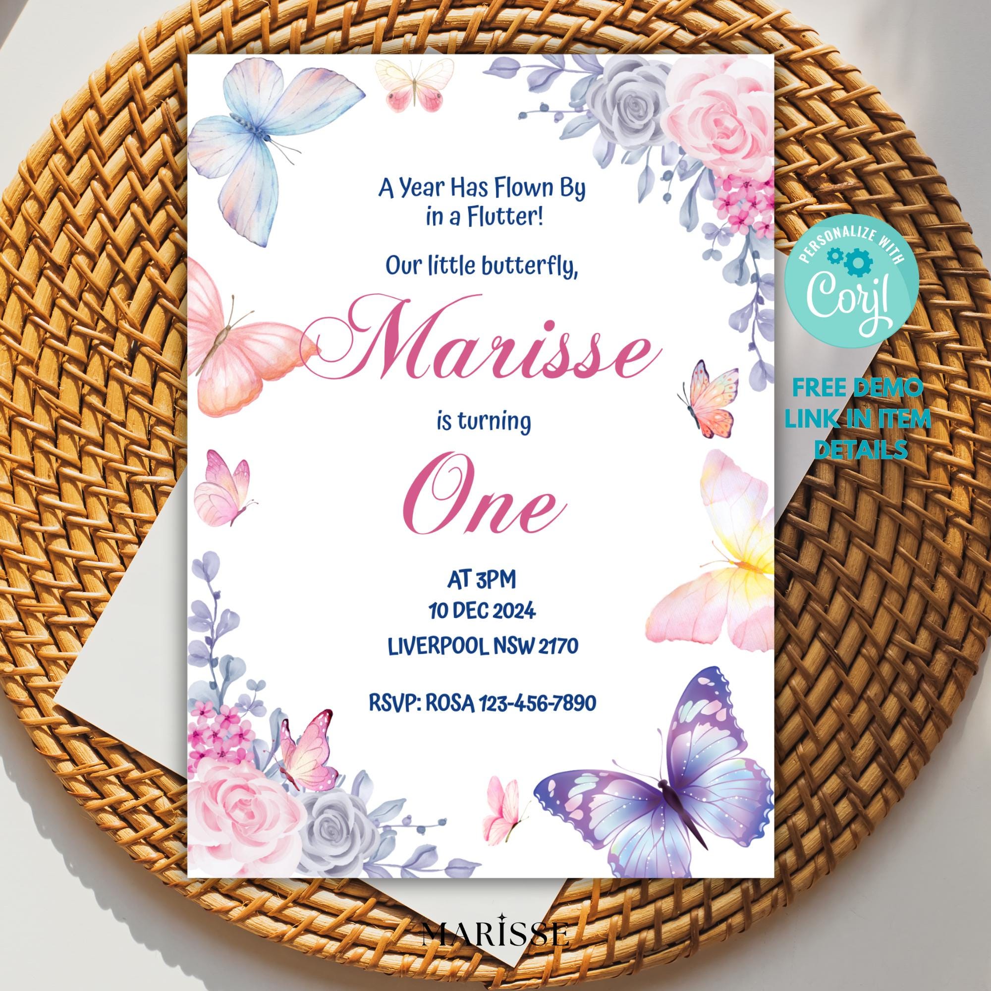 Butterfly 1st Birthday Invitation Girl | Editable Template | Flutter By Invite | Digital Download | Pink Floral Party Printable