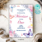Butterfly 1st Birthday Invitation Girl | Editable Template | Flutter By Invite | Digital Download | Pink Floral Party Printable