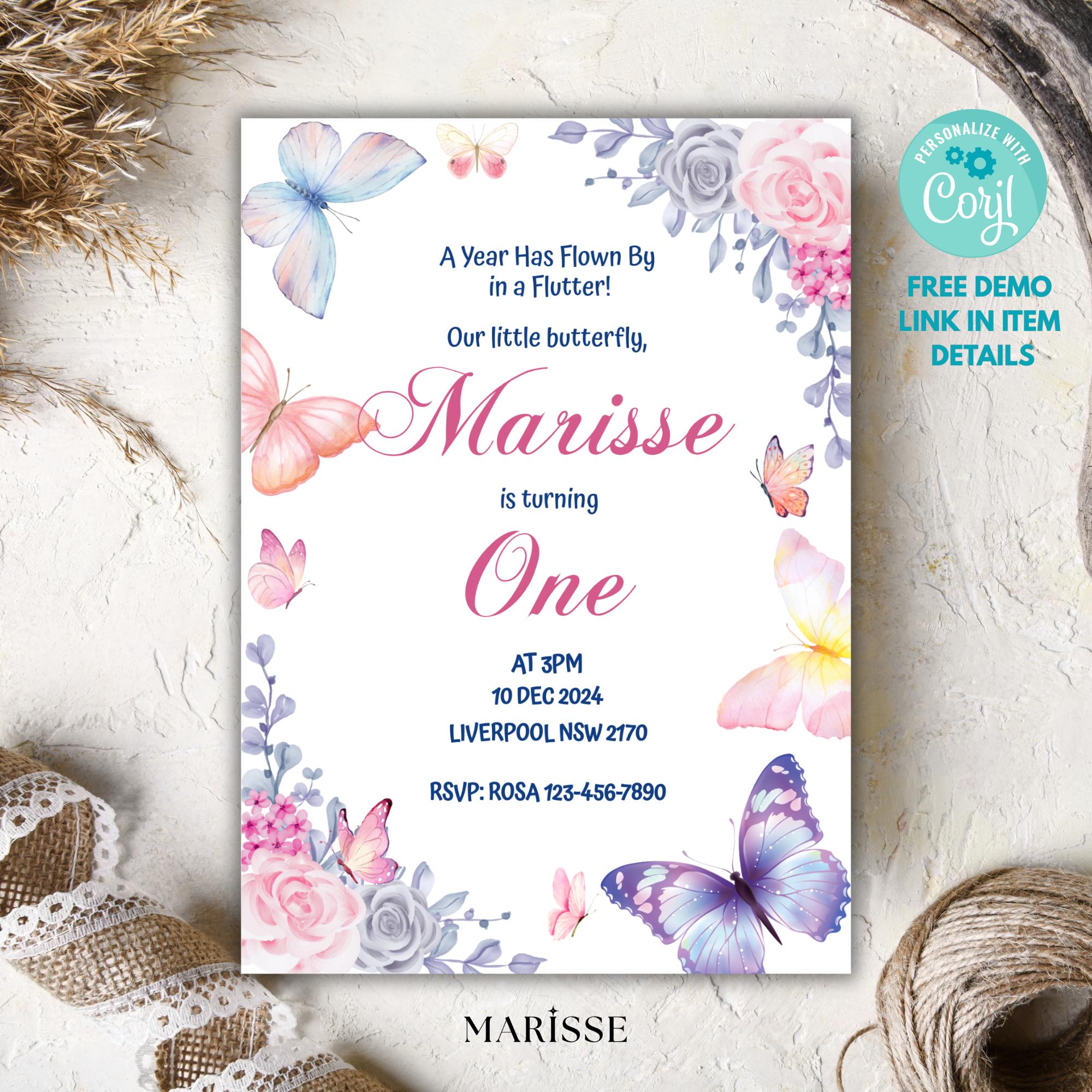 Butterfly 1st Birthday Invitation Girl | Editable Template | Flutter By Invite | Digital Download | Pink Floral Party Printable