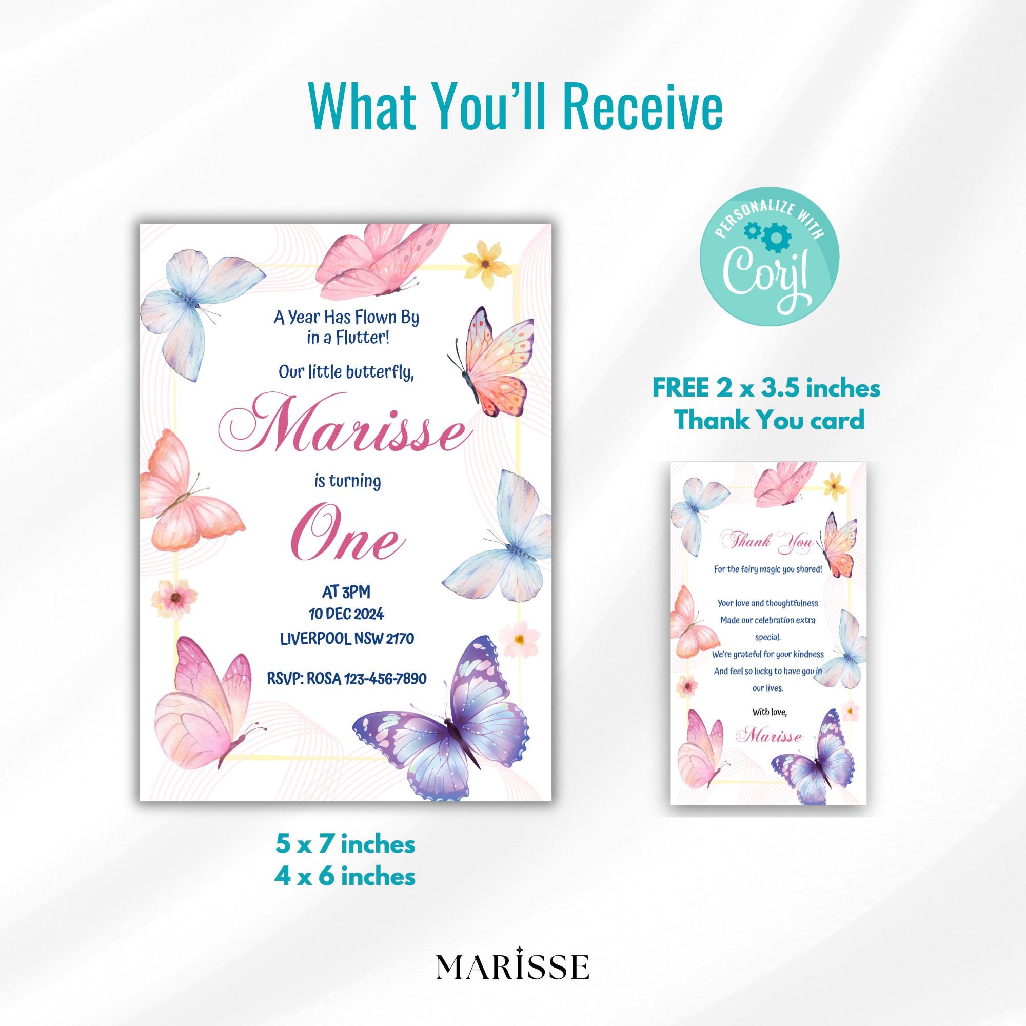 Butterfly Birthday Invitation Girl | Spring Floral Garden Party Invite | Editable Template | 1st Birthday Digital Download Printable