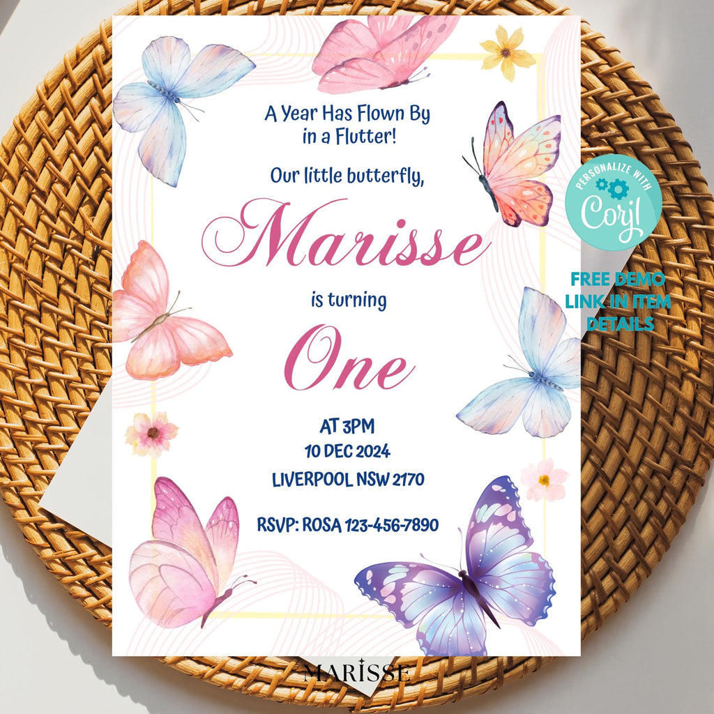 Butterfly Birthday Invitation Girl | Spring Floral Garden Party Invite | Editable Template | 1st Birthday Digital Download Printable