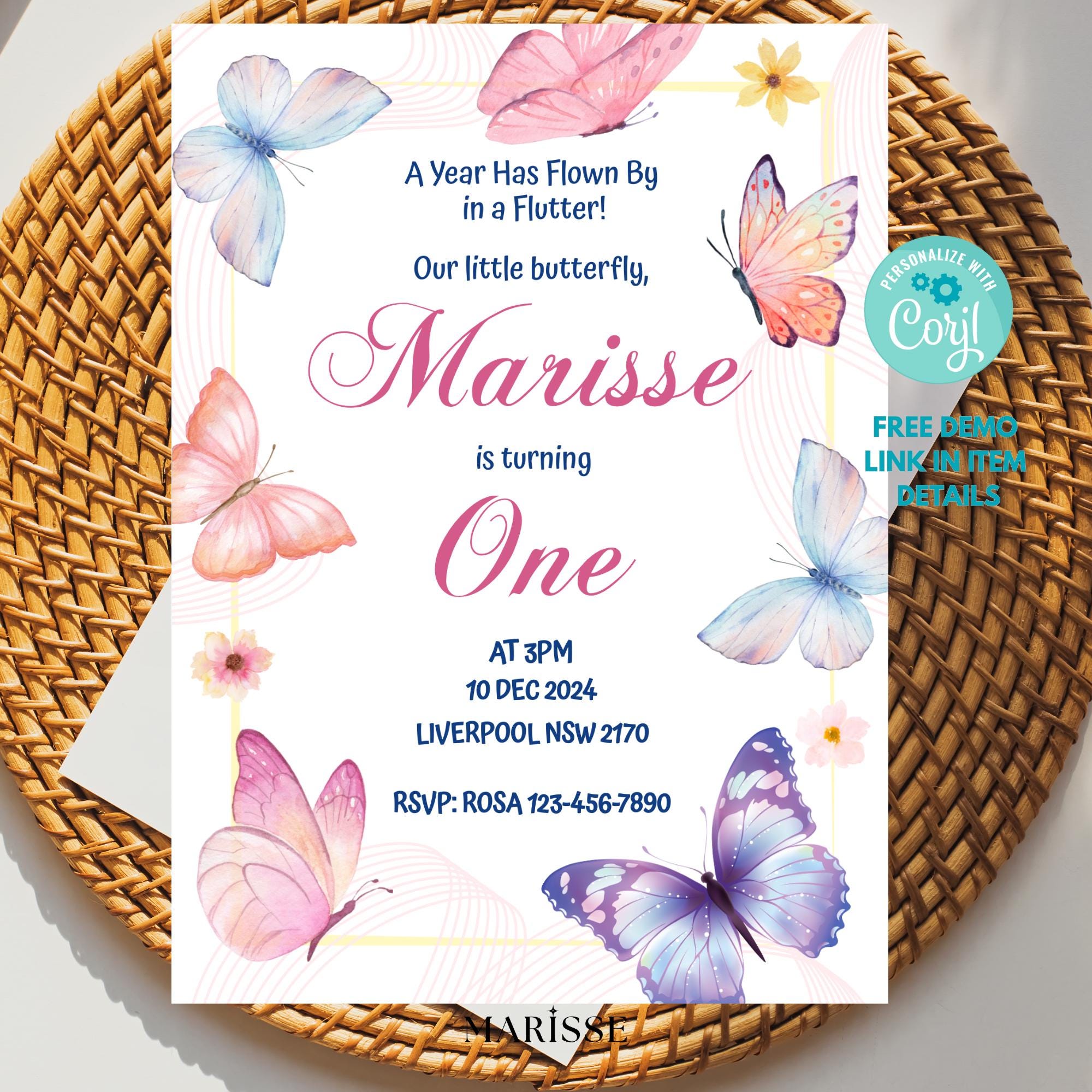 Butterfly Birthday Invitation Girl | Spring Floral Garden Party Invite | Editable Template | 1st Birthday Digital Download Printable