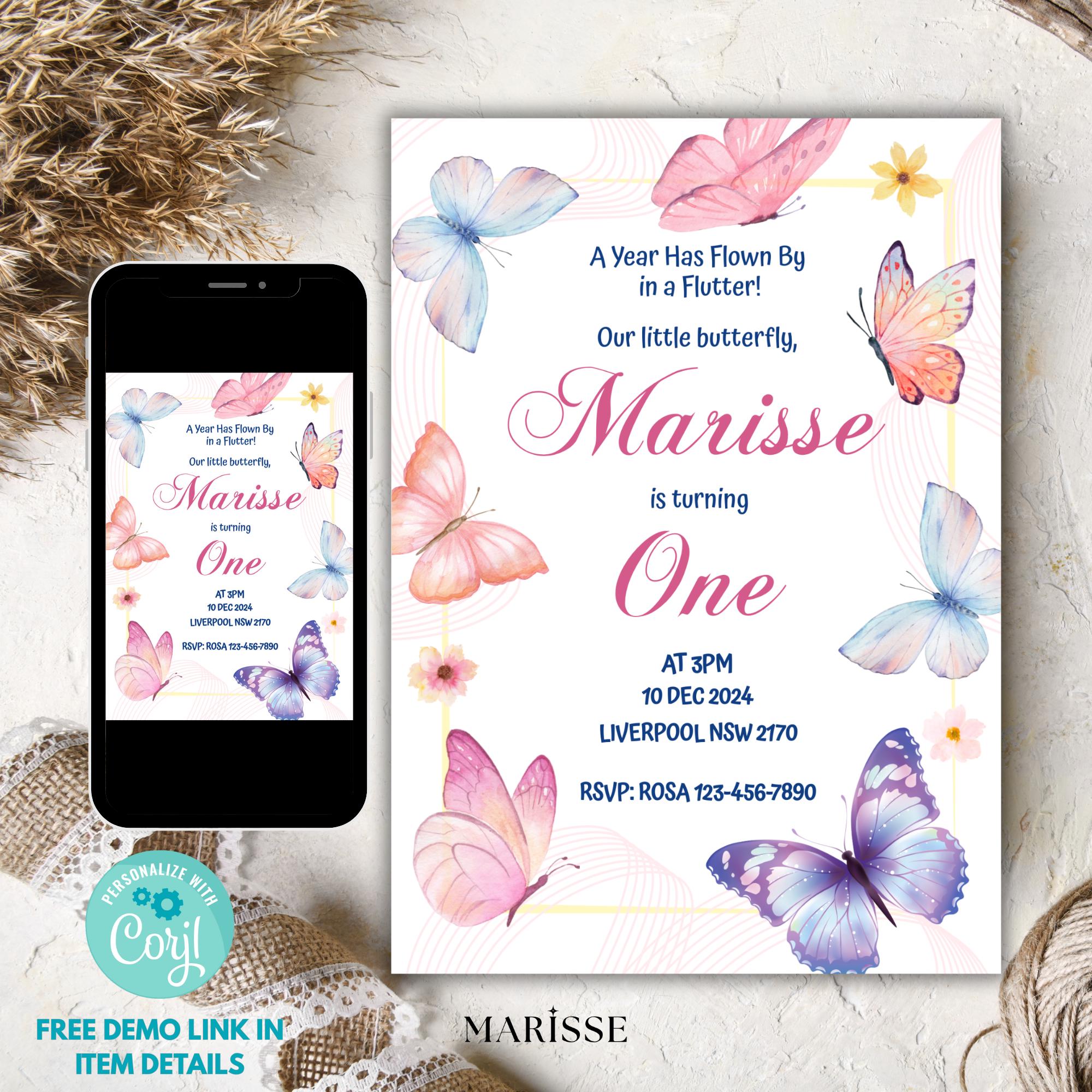 Butterfly Birthday Invitation Girl | Spring Floral Garden Party Invite | Editable Template | 1st Birthday Digital Download Printable