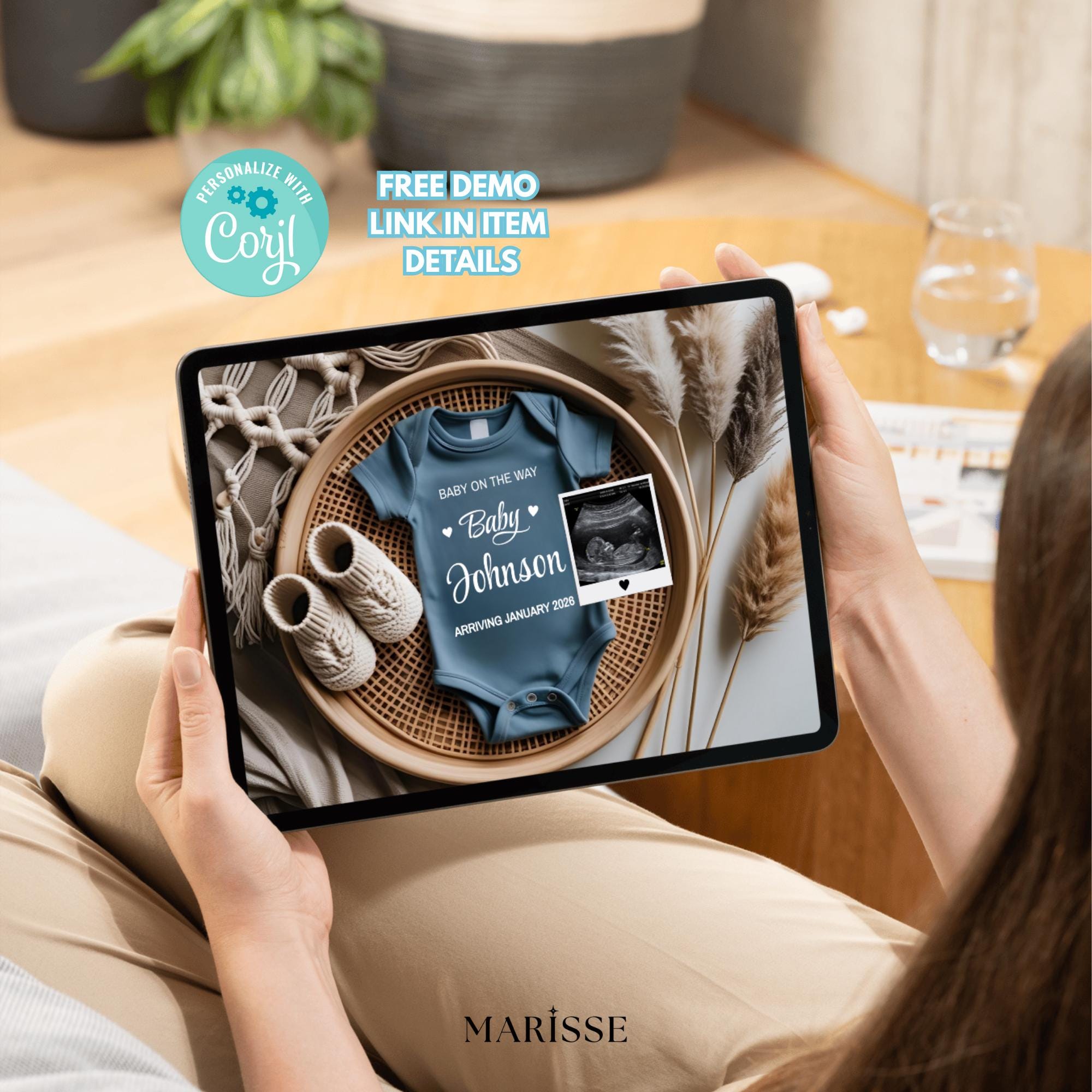 Baby Boy Pregnancy Announcement Template | Editable Digital Baby Reveal | Boho Minimal Gender Neutral Baby News | Social Media Card