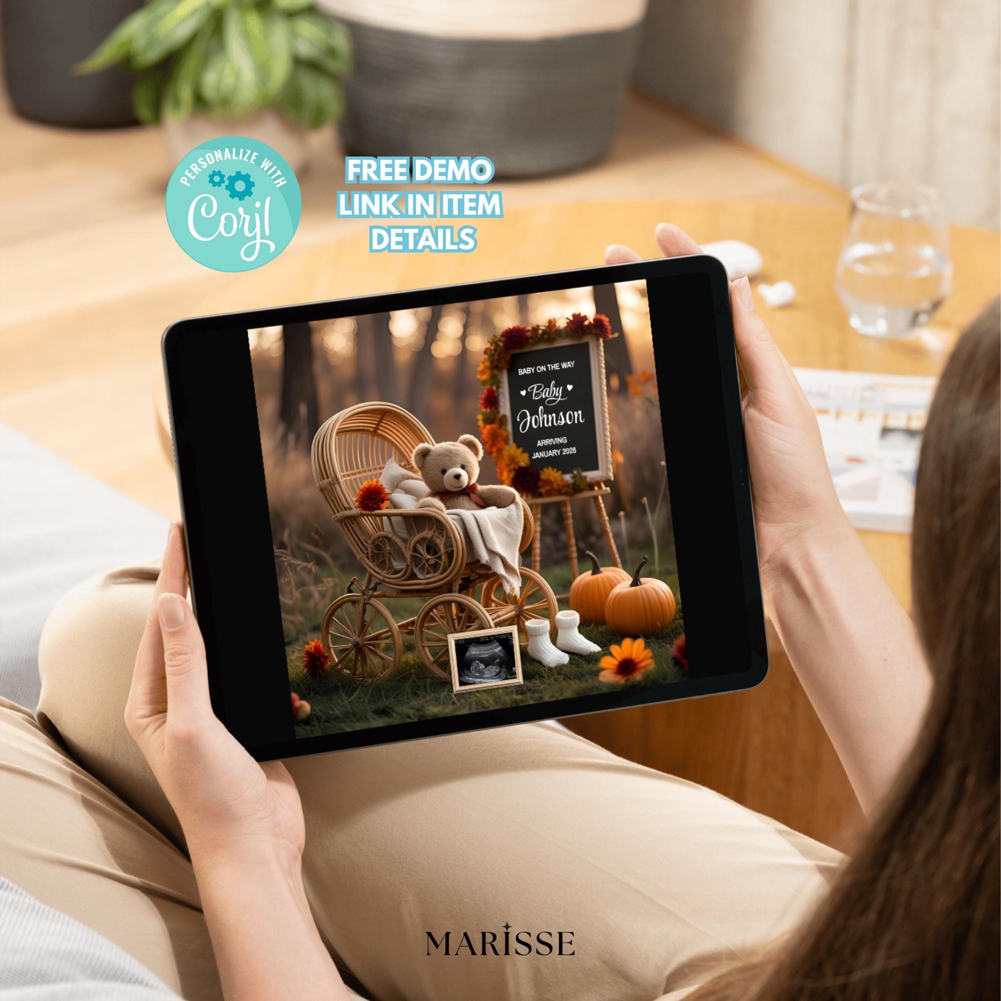 Fall Pregnancy Announcement Template Boho Editable Digital Baby Reveal Autumn Gender Neutral Baby News Social Media Card