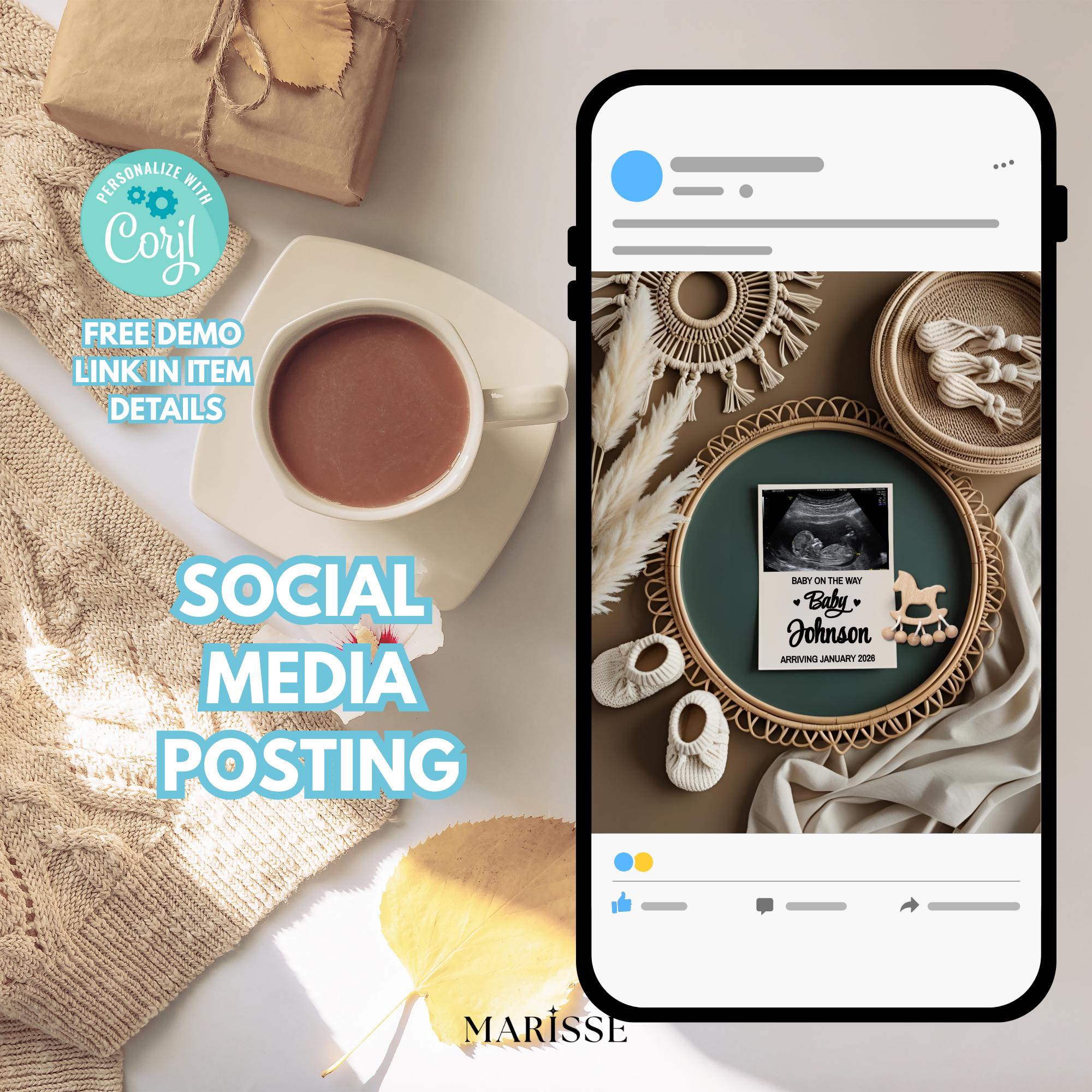 Boho Pregnancy Announcement Template Editable Digital Baby Reveal Card Minimal Gender Neutral Social Media Baby News