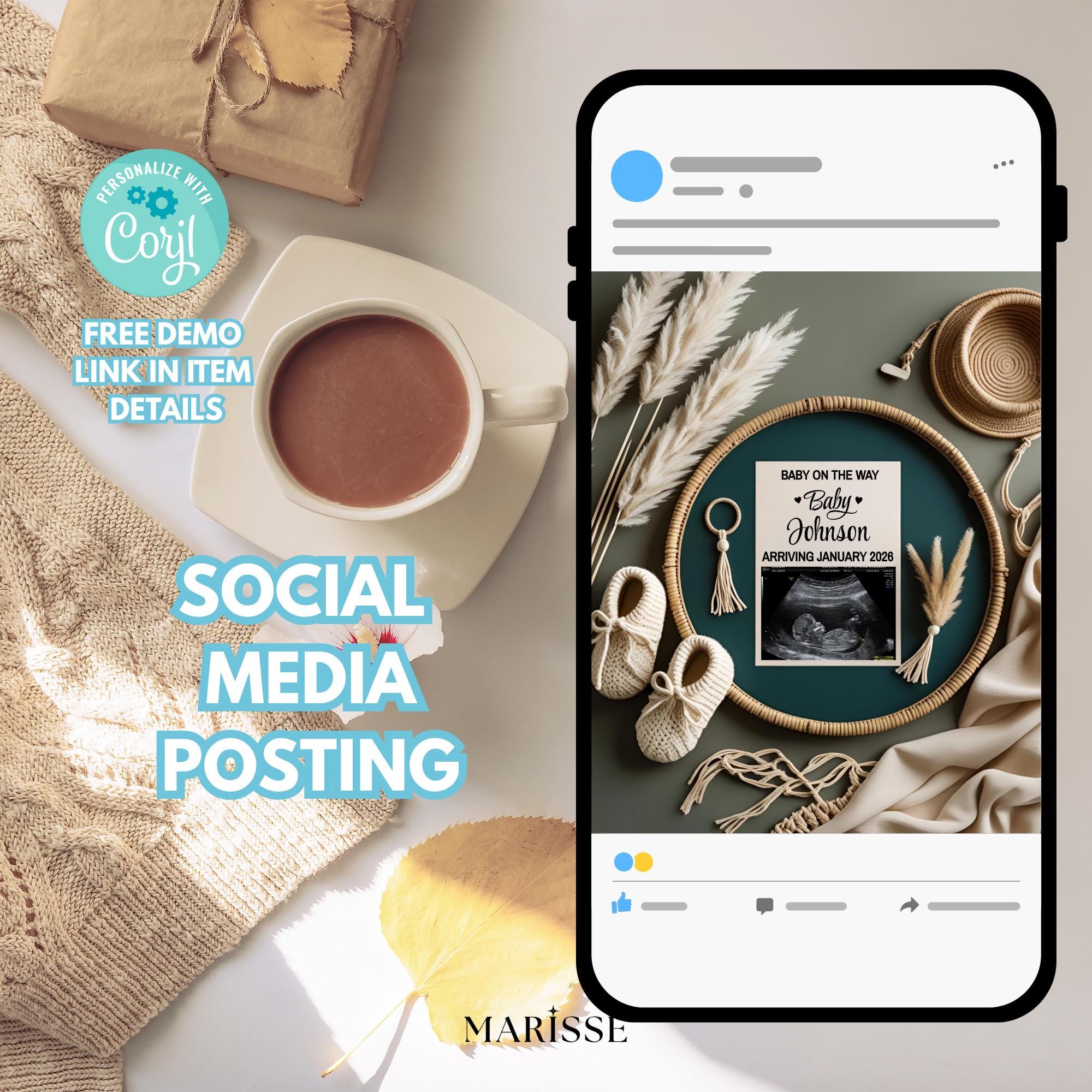 Boho Pregnancy Announcement Template | Editable Digital Baby Reveal Card | Neutral Gender Baby News Social Media Post