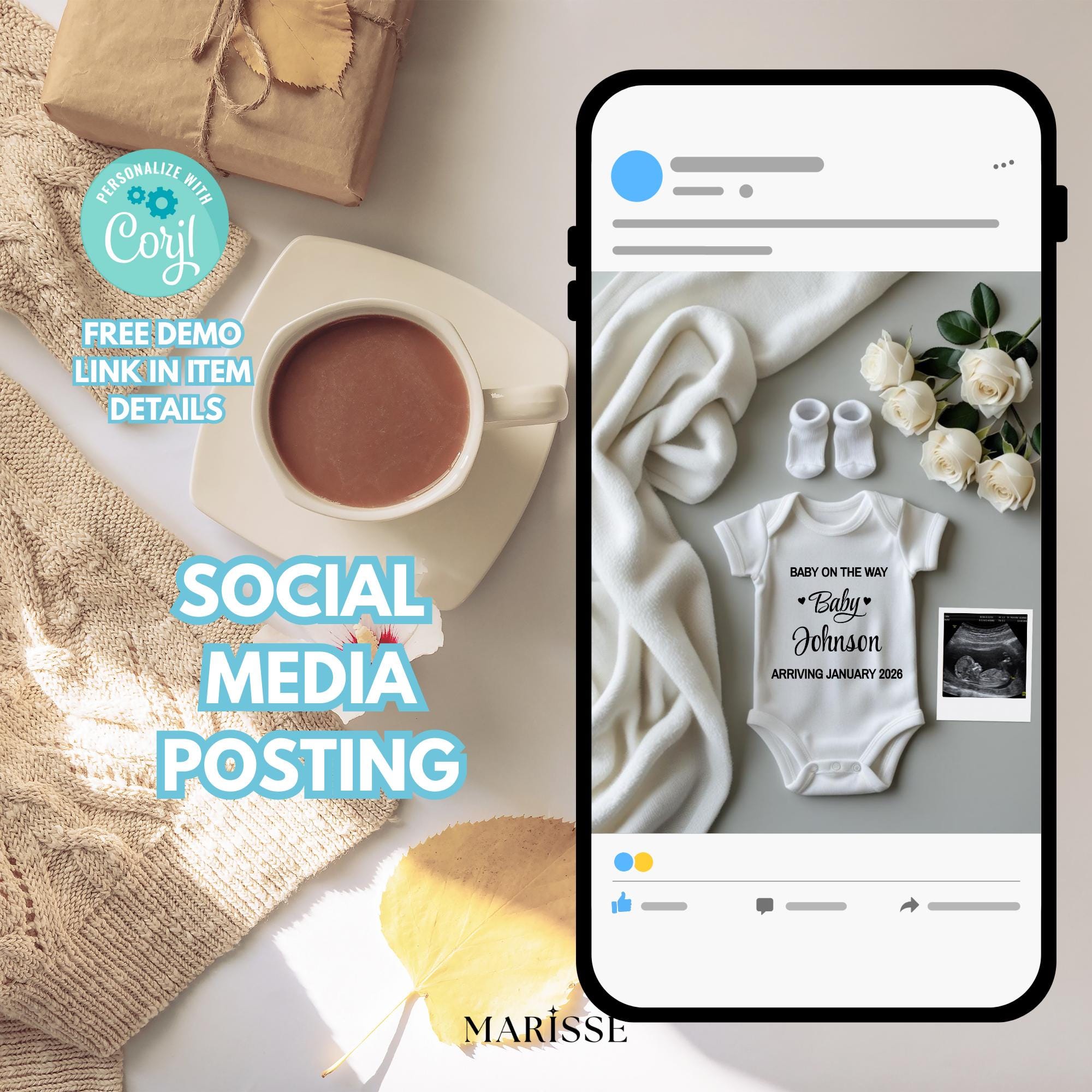 Baby On The Way Pregnancy Announcement Template | Modern Minimalist Baby Reveal | Editable Digital Download | Social Media Announcement