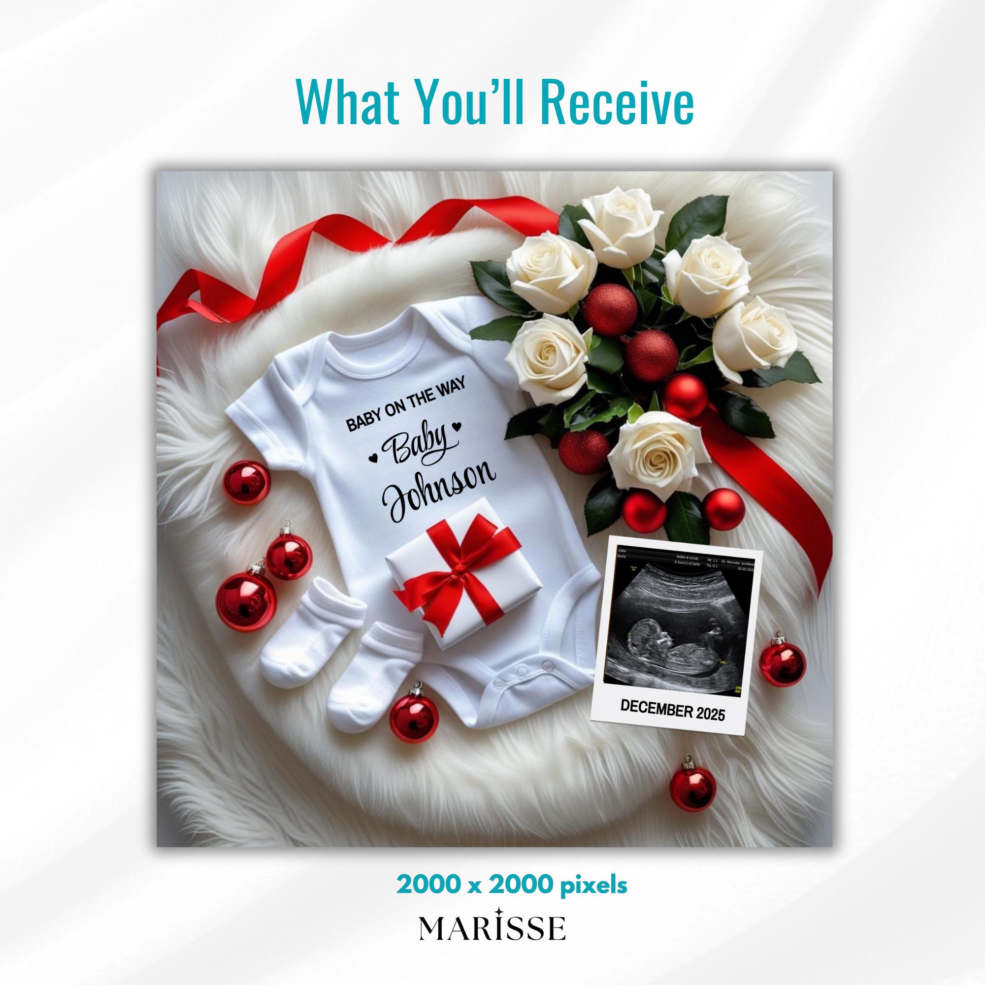 Christmas Pregnancy Announcement Template | White Roses Baby Onesie Holiday Reveal | Digital Christmas Baby Announcement Keepsake