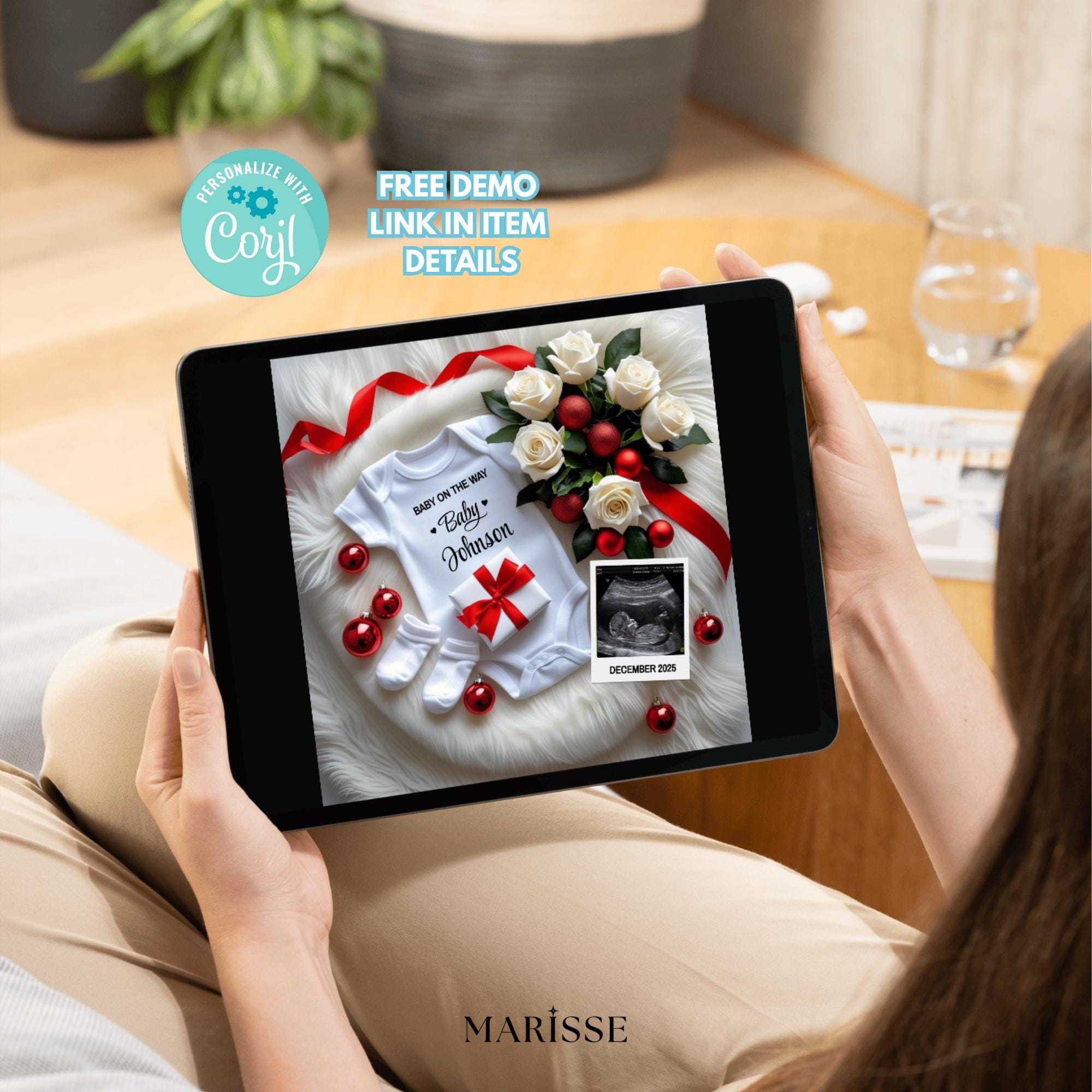 Christmas Pregnancy Announcement Template | White Roses Baby Onesie Holiday Reveal | Digital Christmas Baby Announcement Keepsake