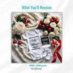 Holiday Baby Announcement Template | Digital Christmas Pregnancy Reveal with White Roses & Onesie | Festive Baby News Editable