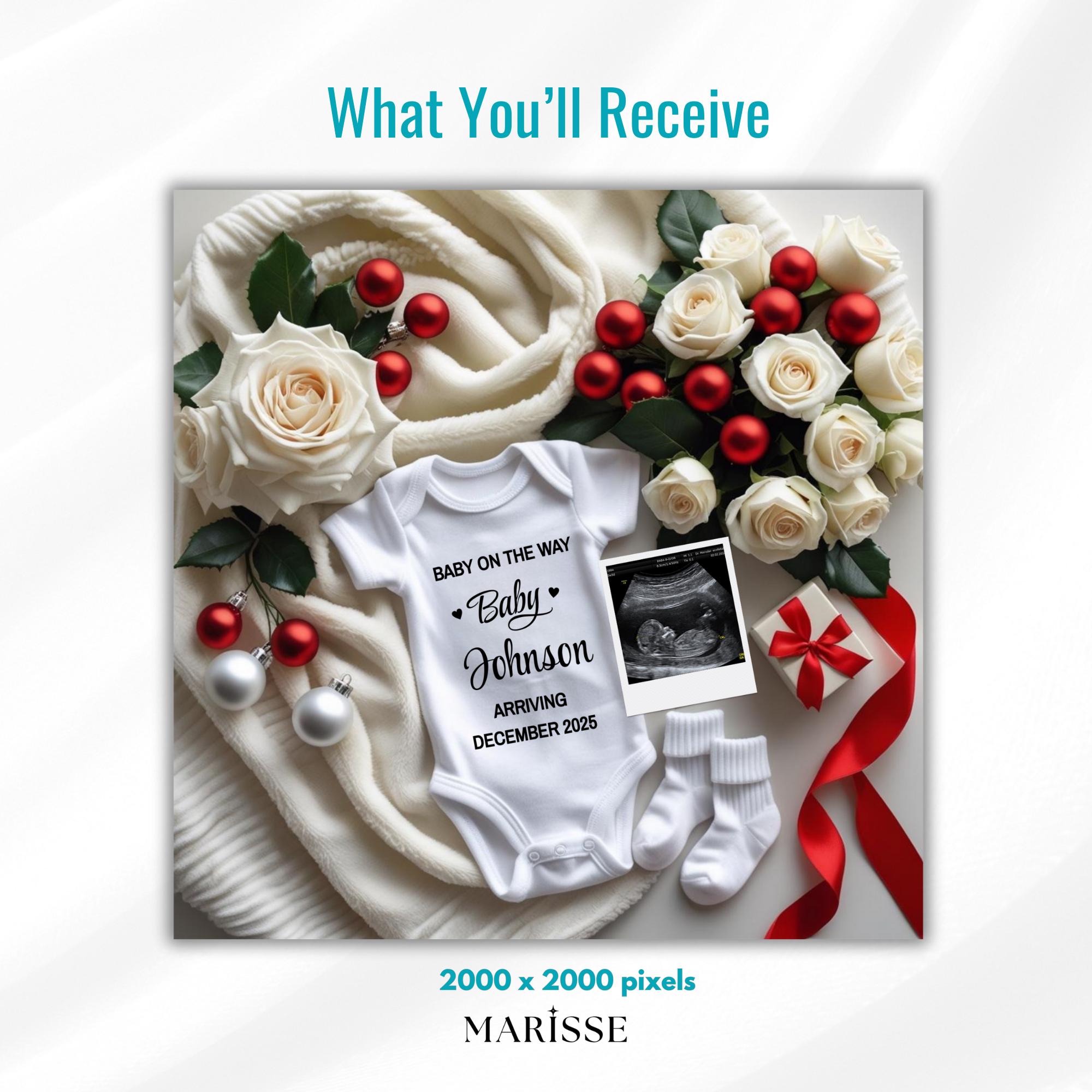 Holiday Baby Announcement Template | Digital Christmas Pregnancy Reveal with White Roses & Onesie | Festive Baby News Editable