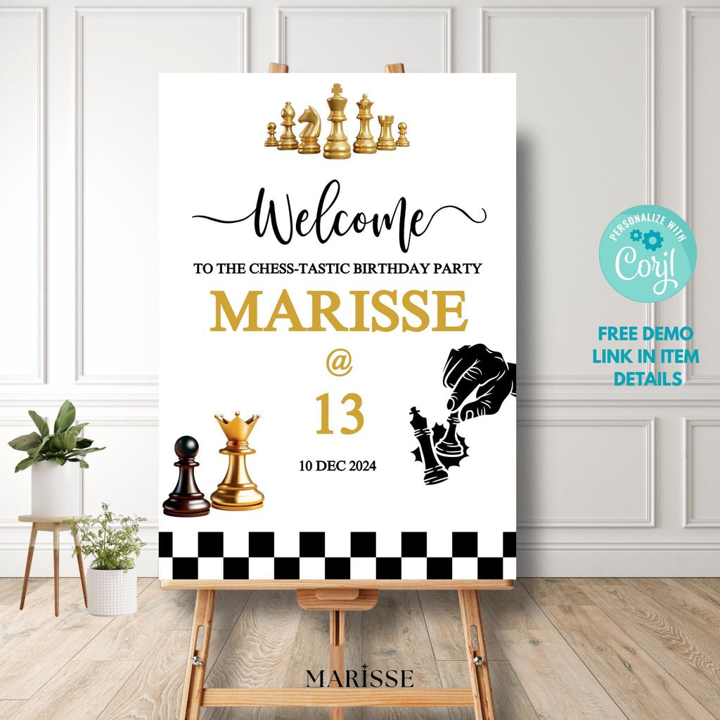 Editable Chess Birthday Welcome Sign Digital Download Printable Party Entrance Decor for Kids or Teen Chess-Themed Celebration