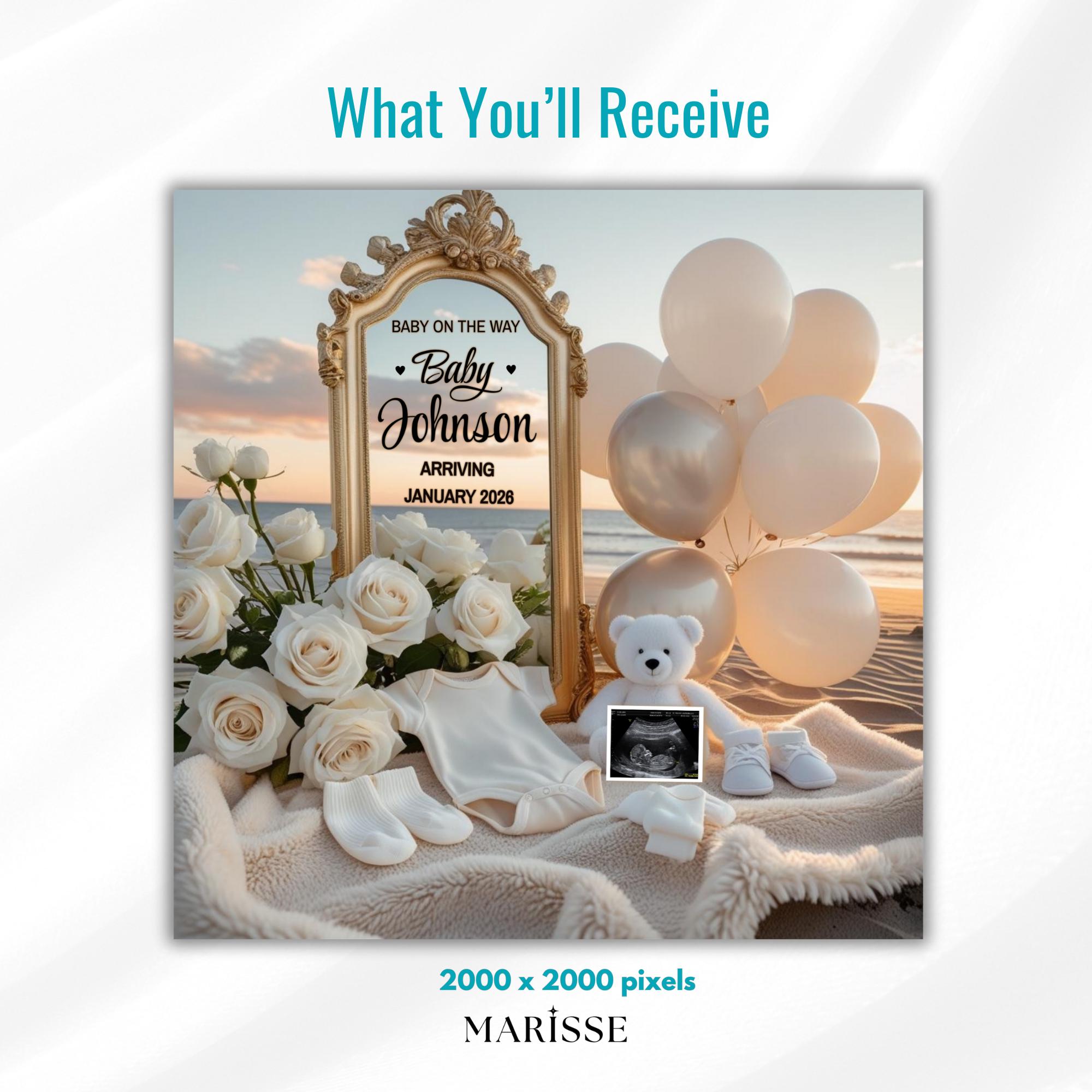 Beach Pregnancy Announcement Template For Expecting Parents Digital Baby Reveal To Personalise With Ultrasound And Share On Social Media
