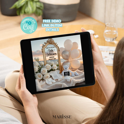 Beach Pregnancy Announcement Template For Expecting Parents Digital Baby Reveal To Personalise With Ultrasound And Share On Social Media