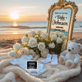 Sunset Beach Pregnancy Announcement Digital Template For Parents To Reveal Baby News Elegant Baby Onesie Teddy Bear And Ultrasound Photo