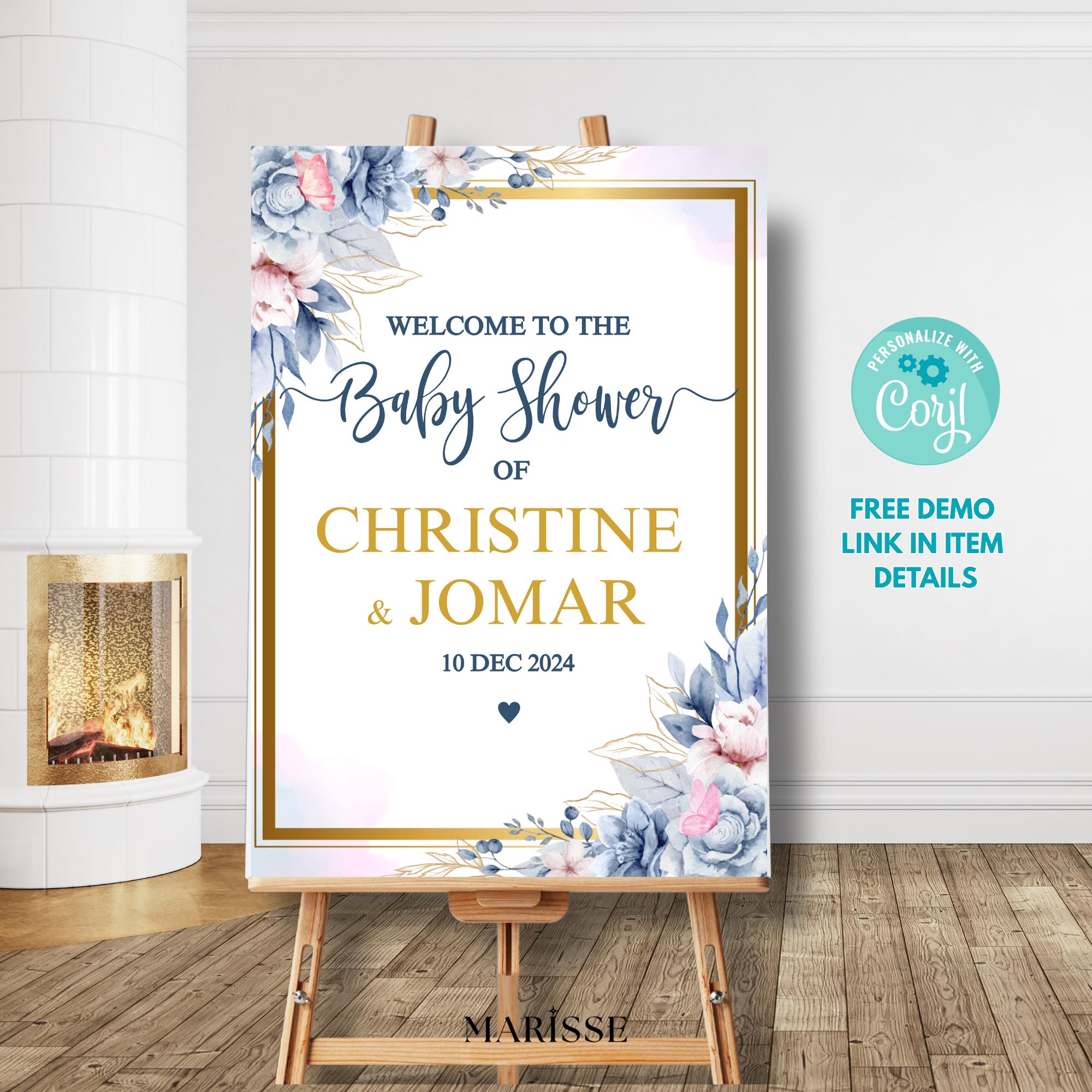 Floral Baby Shower Welcome Sign Template: Blue & Pink (Digital Download)