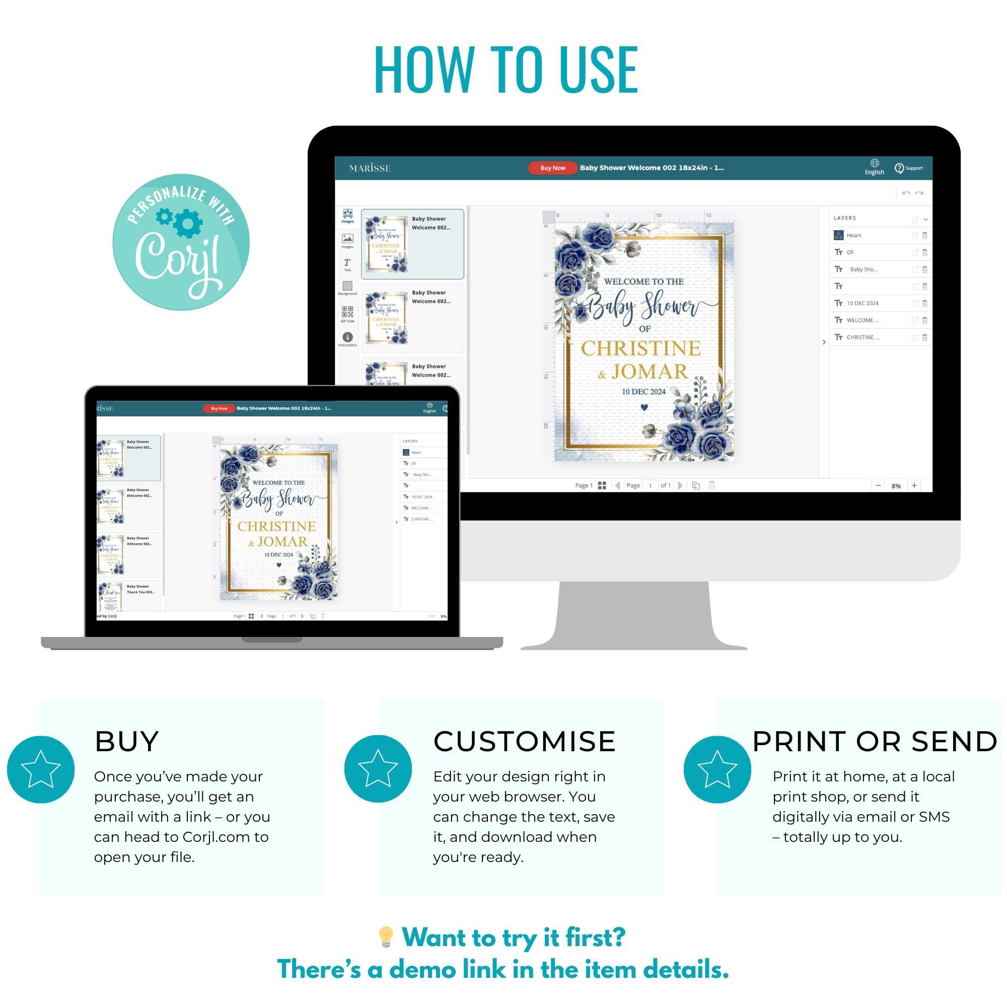 Navy & Gold Floral Baby Shower Welcome Sign Template (Digital Download)