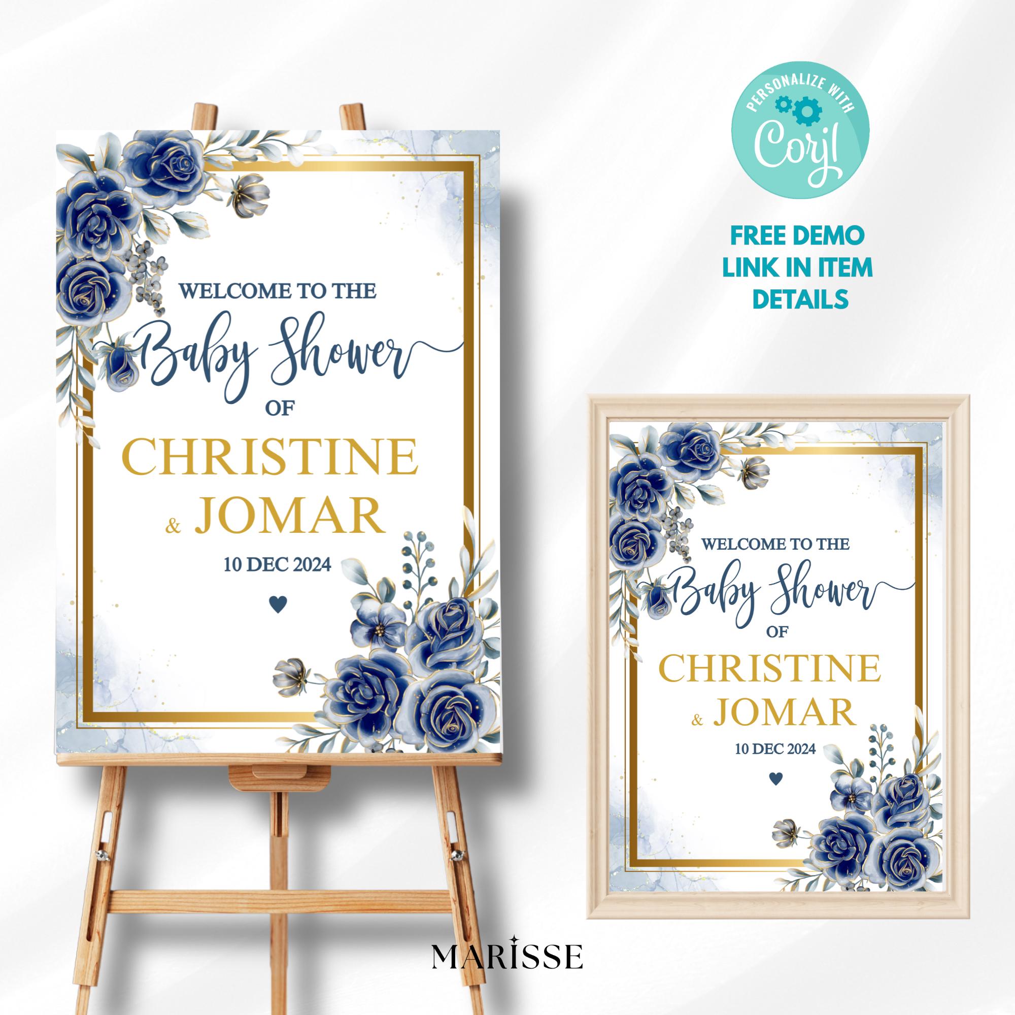 Navy & Gold Floral Baby Shower Welcome Sign Template (Digital Download)