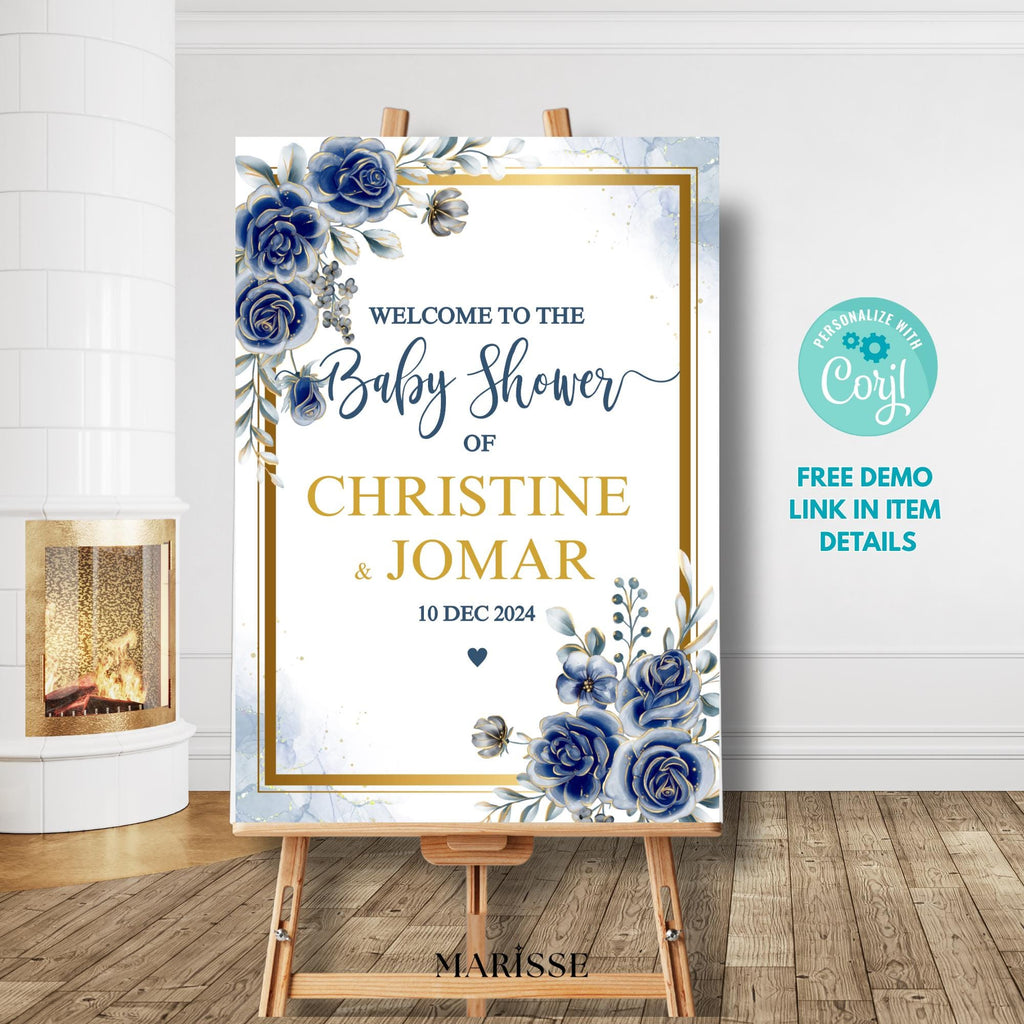 Navy & Gold Floral Baby Shower Welcome Sign Template (Digital Download)