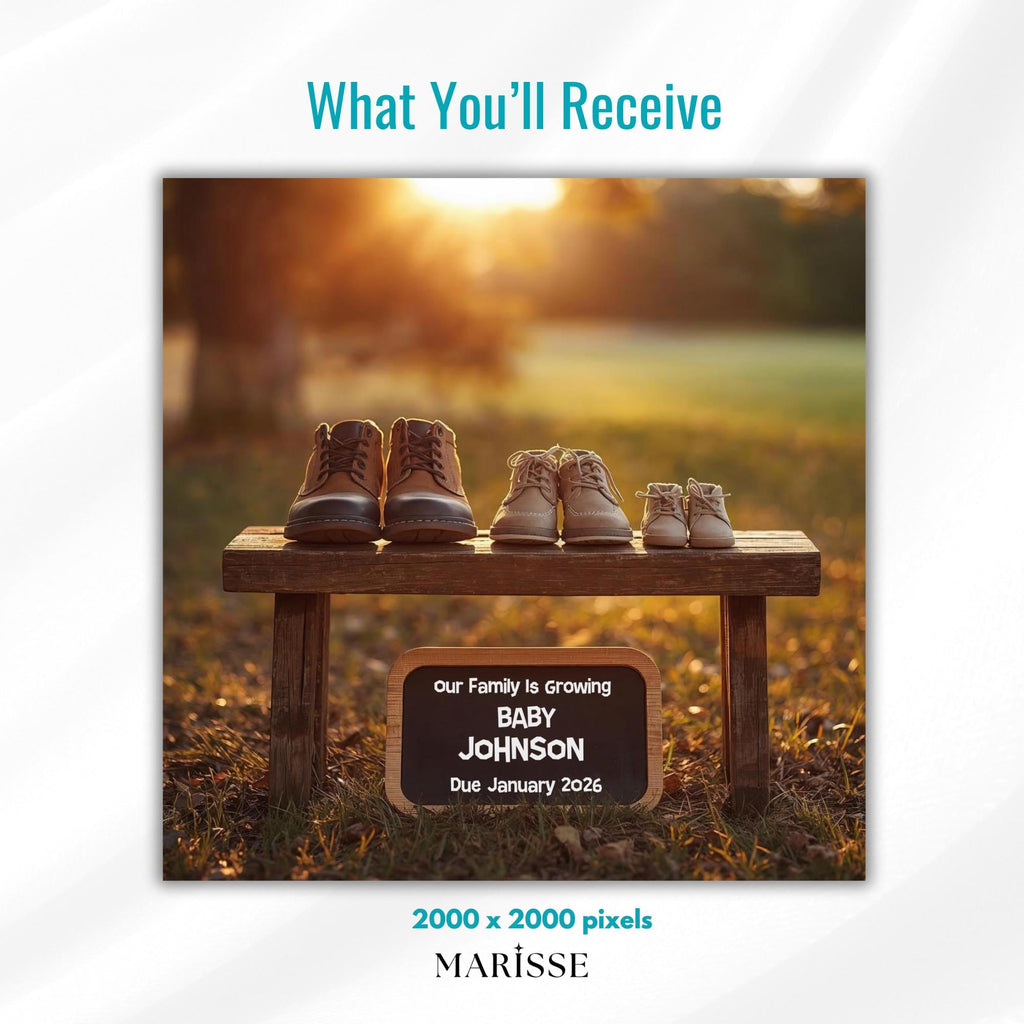 Sunset Pregnancy Announcement Template, Rustic Baby Reveal with Shoes & Chalkboard Sign, Editable Digital Download for Social Media Posting