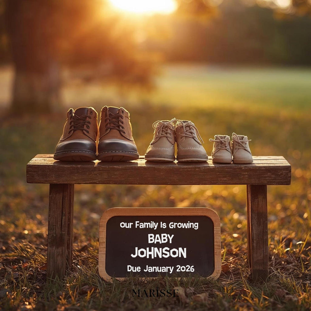 Sunset Pregnancy Announcement Template, Rustic Baby Reveal with Shoes & Chalkboard Sign, Editable Digital Download for Social Media Posting
