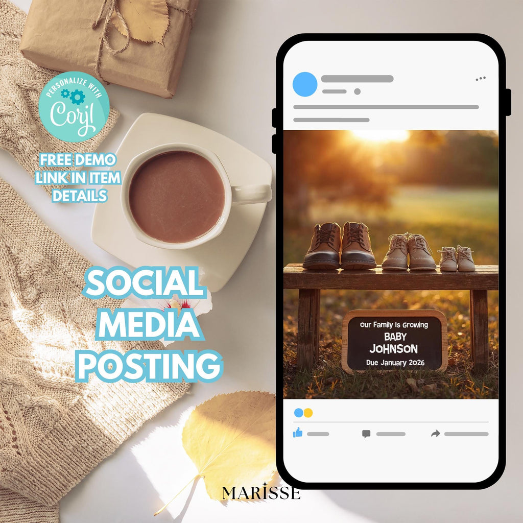 Sunset Pregnancy Announcement Template, Rustic Baby Reveal with Shoes & Chalkboard Sign, Editable Digital Download for Social Media Posting