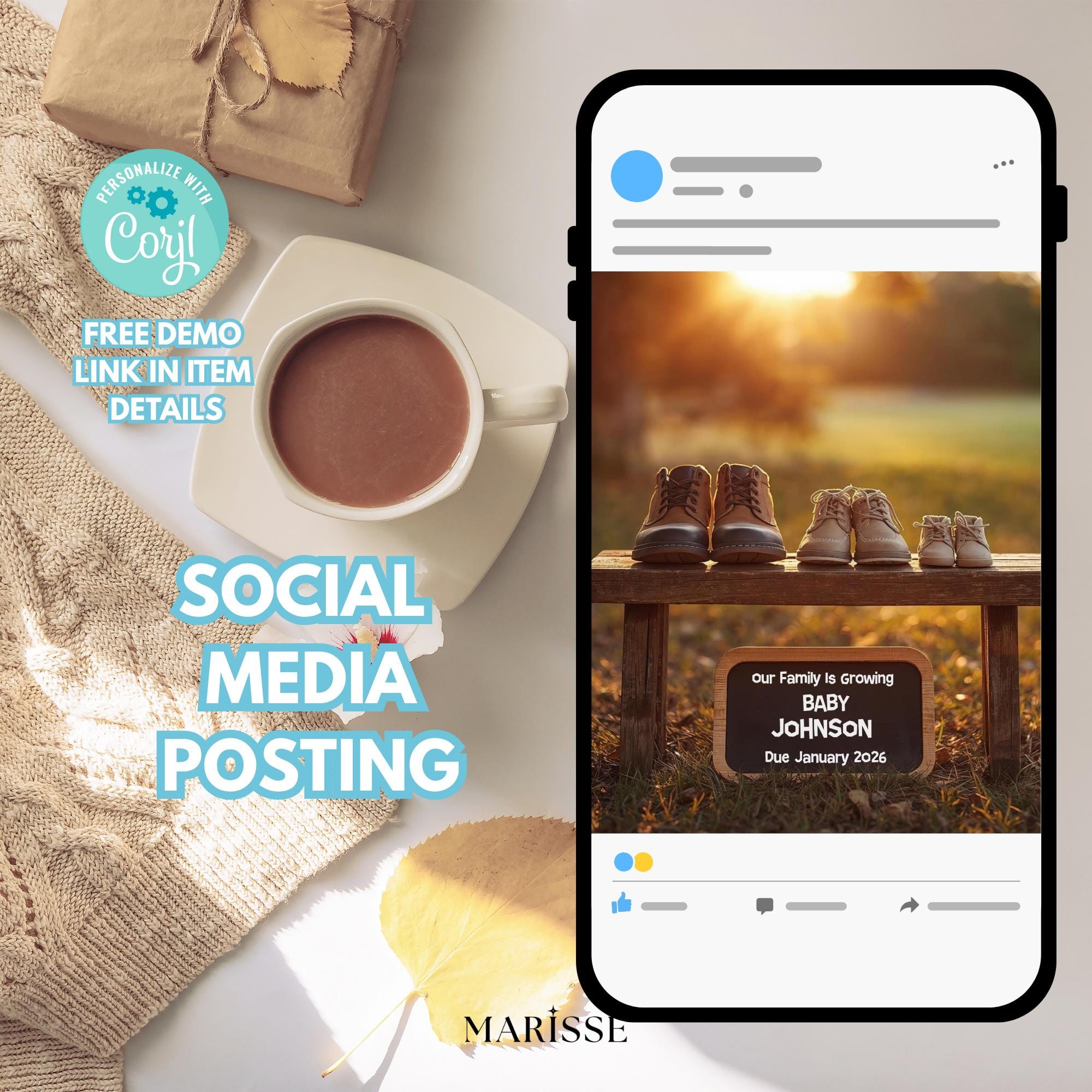 Sunset Pregnancy Announcement Template, Rustic Baby Reveal with Shoes & Chalkboard Sign, Editable Digital Download for Social Media Posting