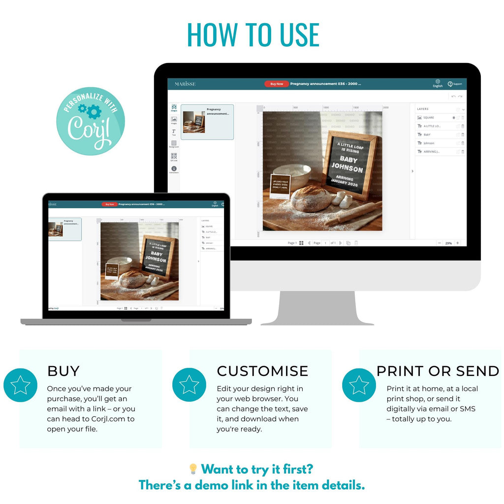 Rustic Sourdough Baby Reveal: Baking Theme Pregnancy Announcement (Digital Download)