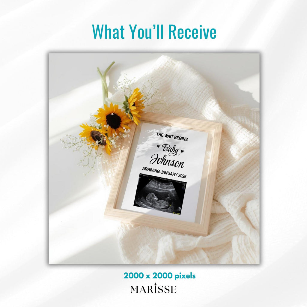 Floral Pregnancy Announcement Template | Sunflower Baby Reveal Digital Download | Editable Ultrasound Photo Frame for Social Media Posting