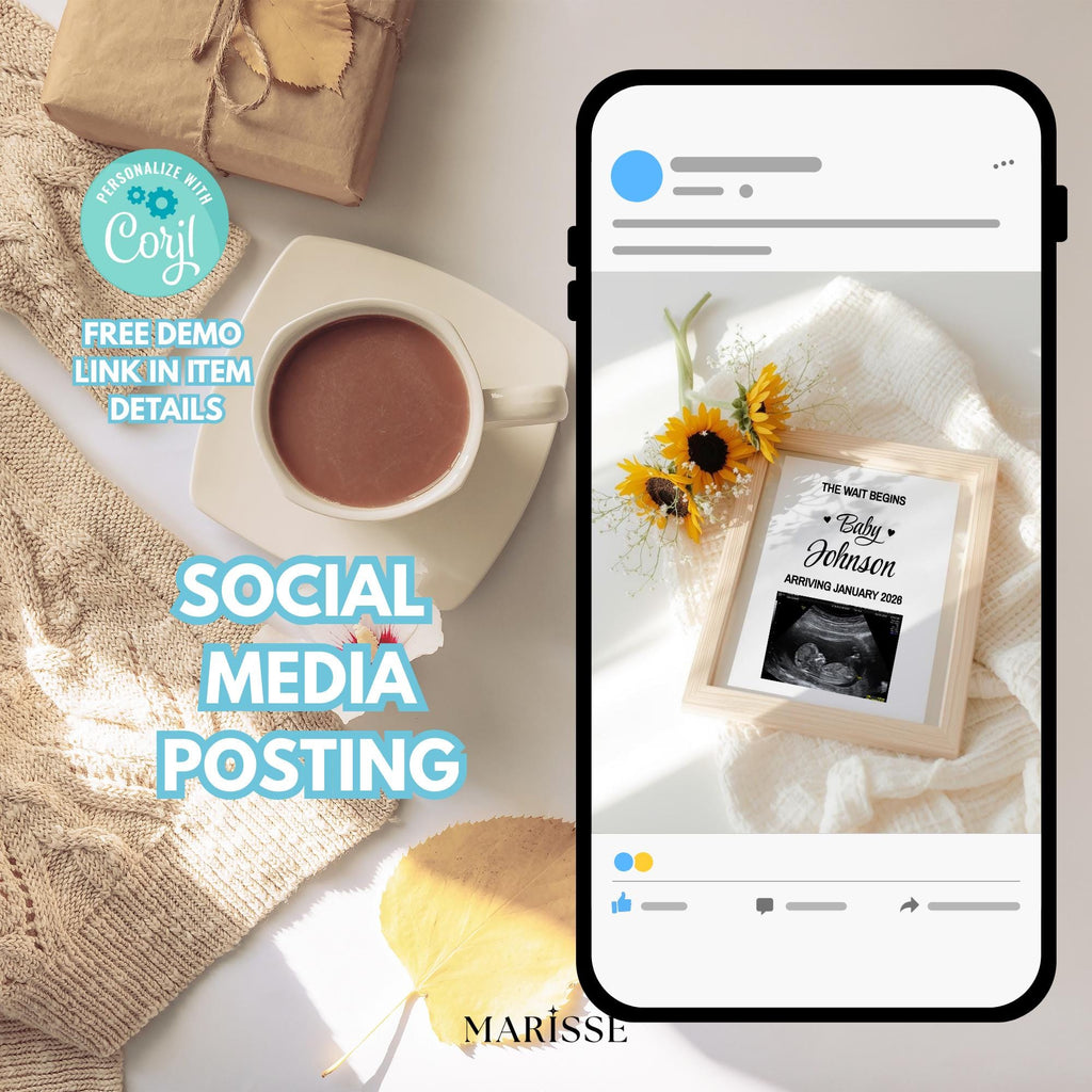 Floral Pregnancy Announcement Template | Sunflower Baby Reveal Digital Download | Editable Ultrasound Photo Frame for Social Media Posting