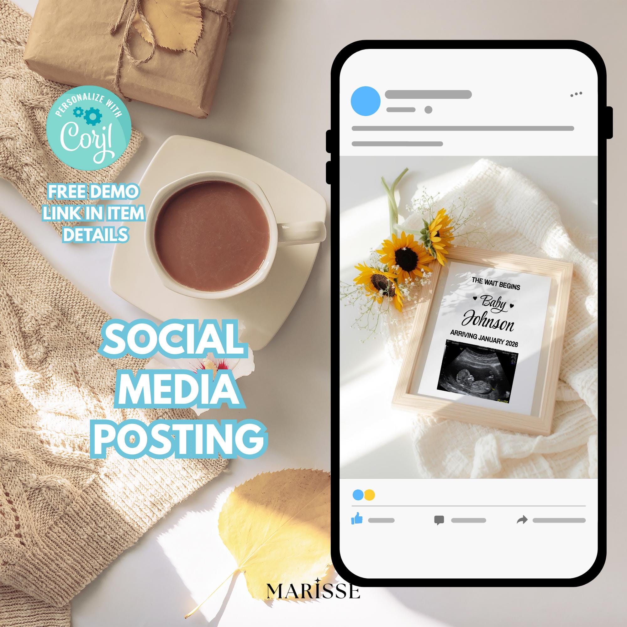 Floral Pregnancy Announcement Template | Sunflower Baby Reveal Digital Download | Editable Ultrasound Photo Frame for Social Media Posting